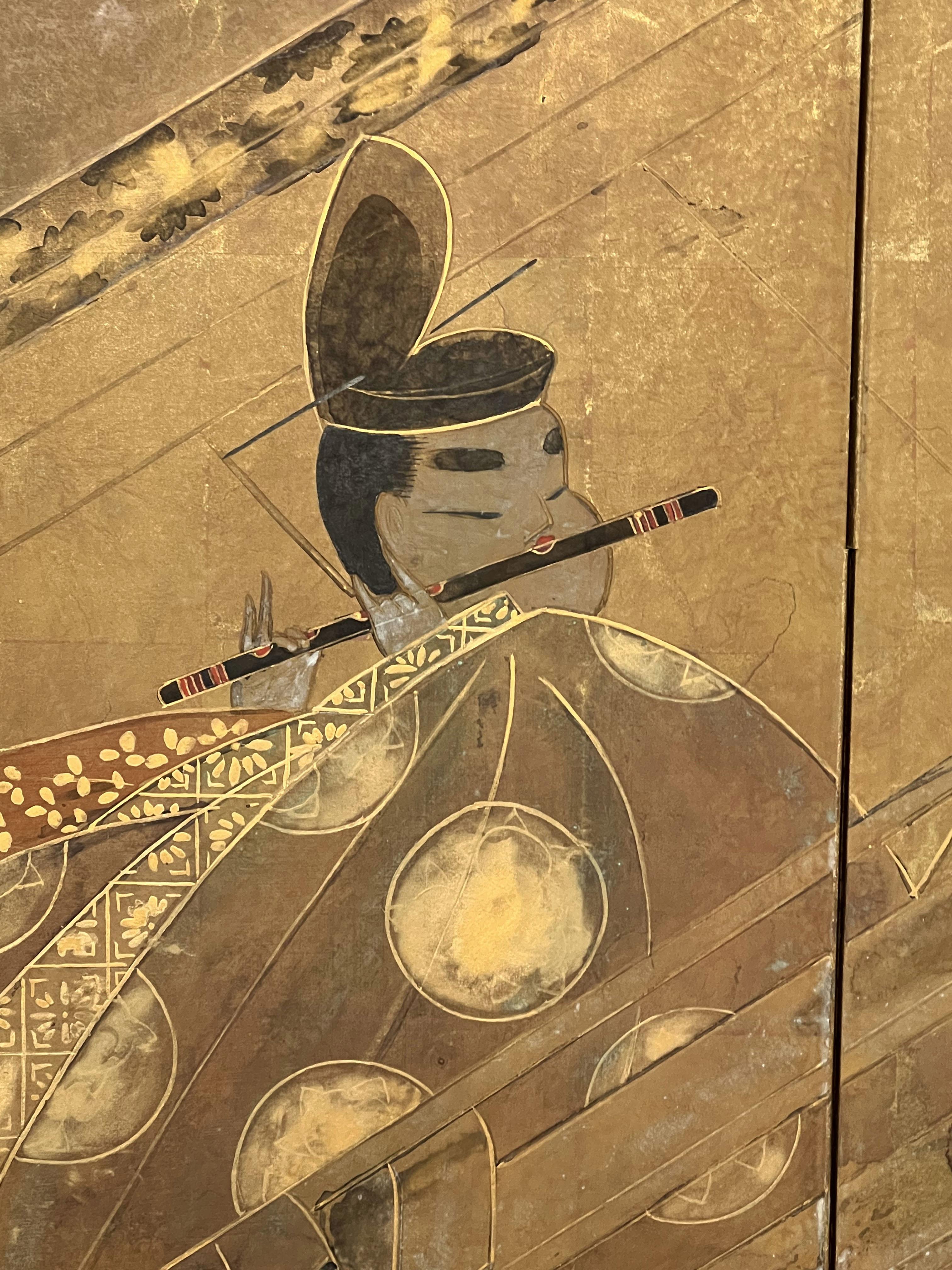 Peinture Paravent japonais Byobu à quatre panneaux peint à la main Circa 1960s