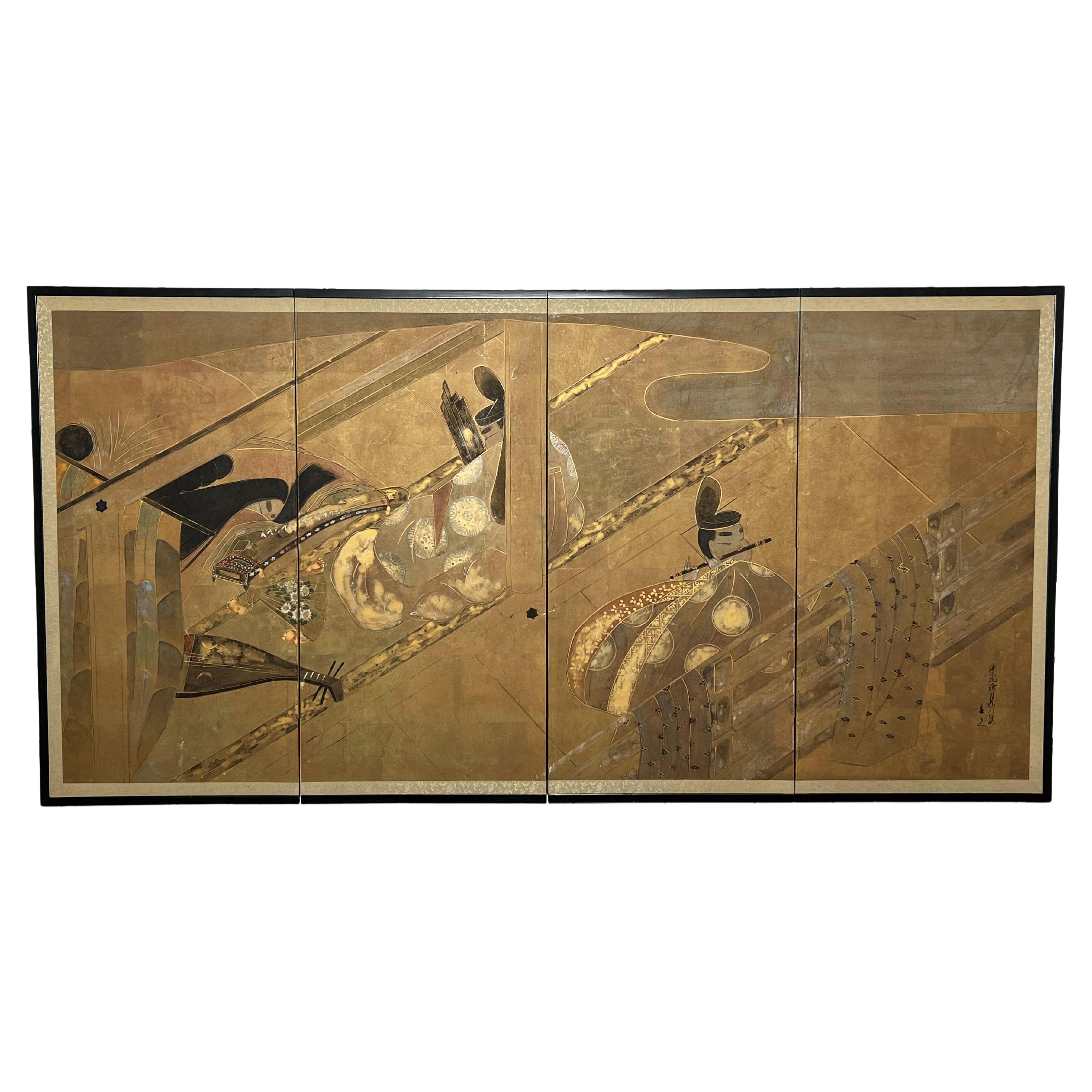 Hand Painted Four Panel Japanese Byobu Screen Circa 1960s For Sale