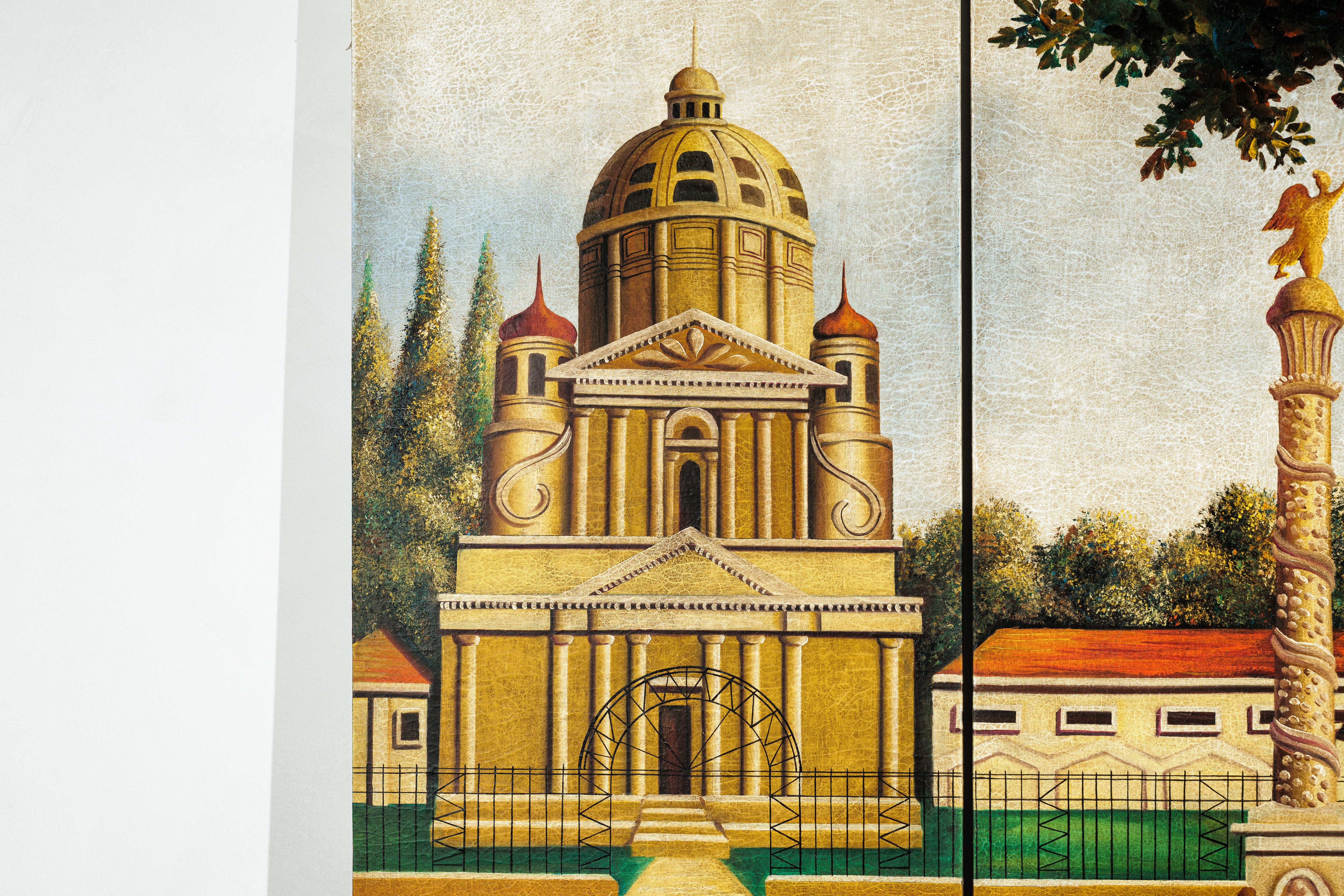 Paravent à quatre panneaux peints à la main avec scène architecturale et équestre, Vintage en vente 3