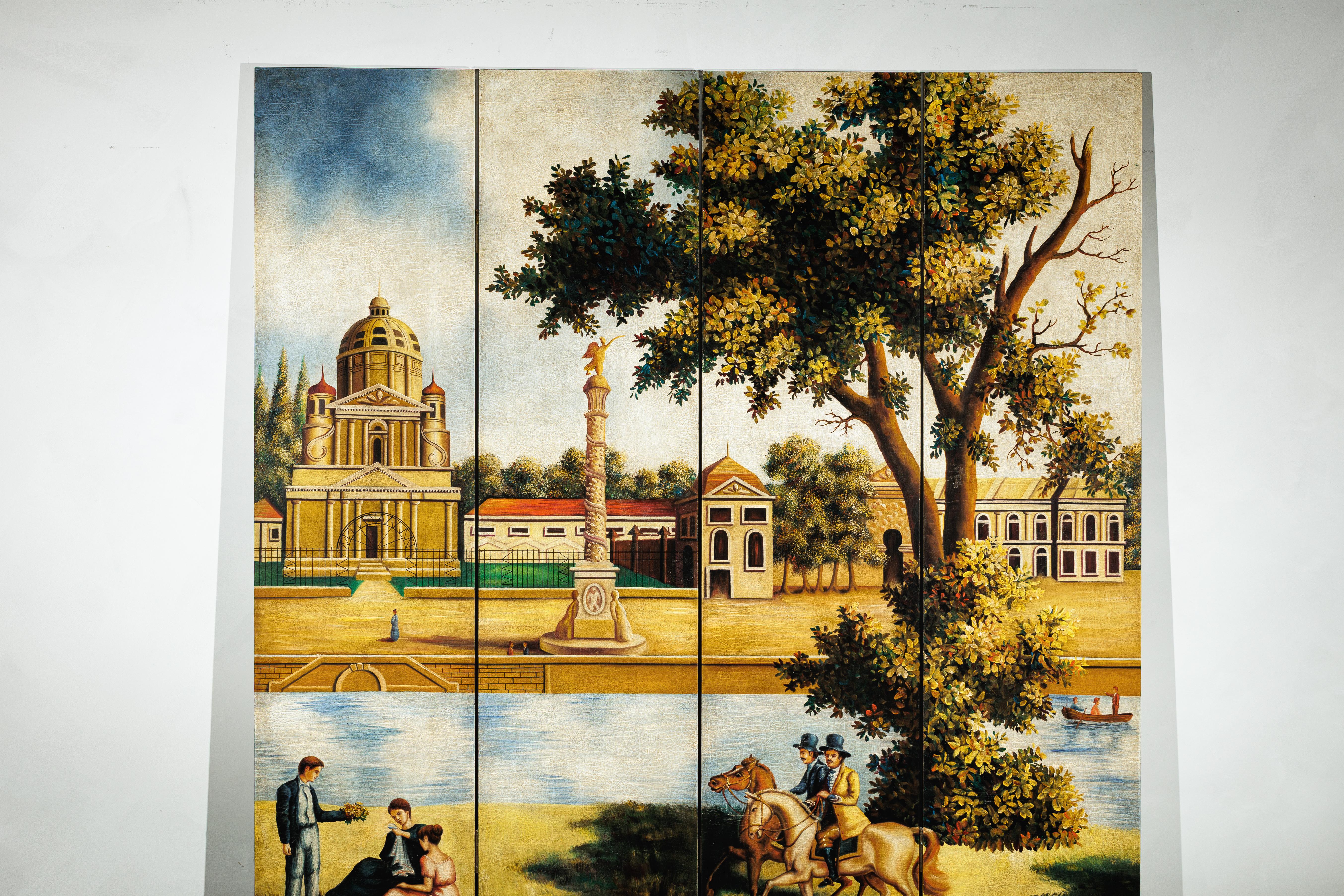 Ce paravent vintage à quatre panneaux présente une composition pastorale et architecturale richement peinte, évoquant le charme des peintures de genre européennes du XIXe siècle. La scène se déroule sur deux registres : en haut, des bâtiments