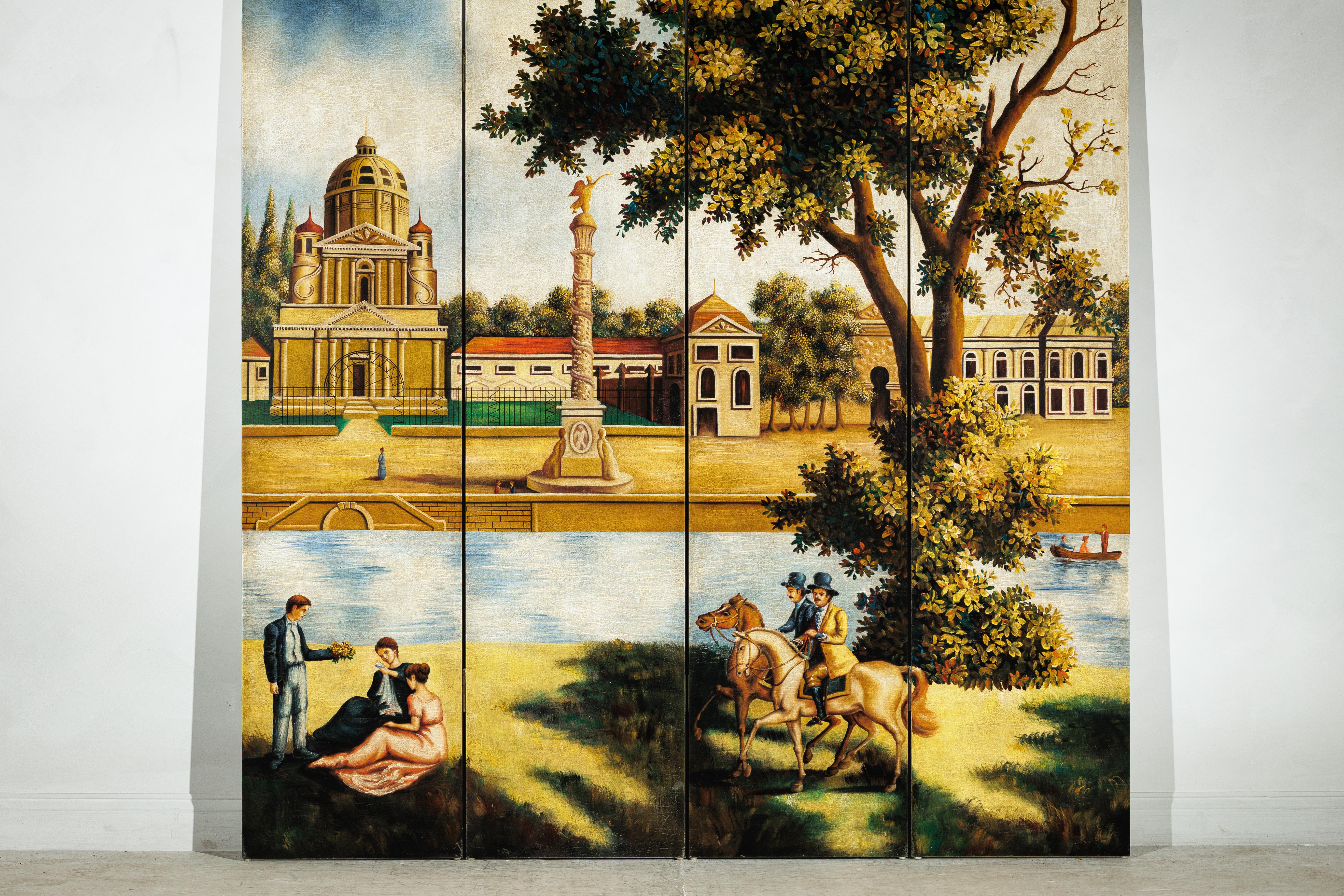 Chinois Paravent à quatre panneaux peints à la main avec scène architecturale et équestre, Vintage en vente