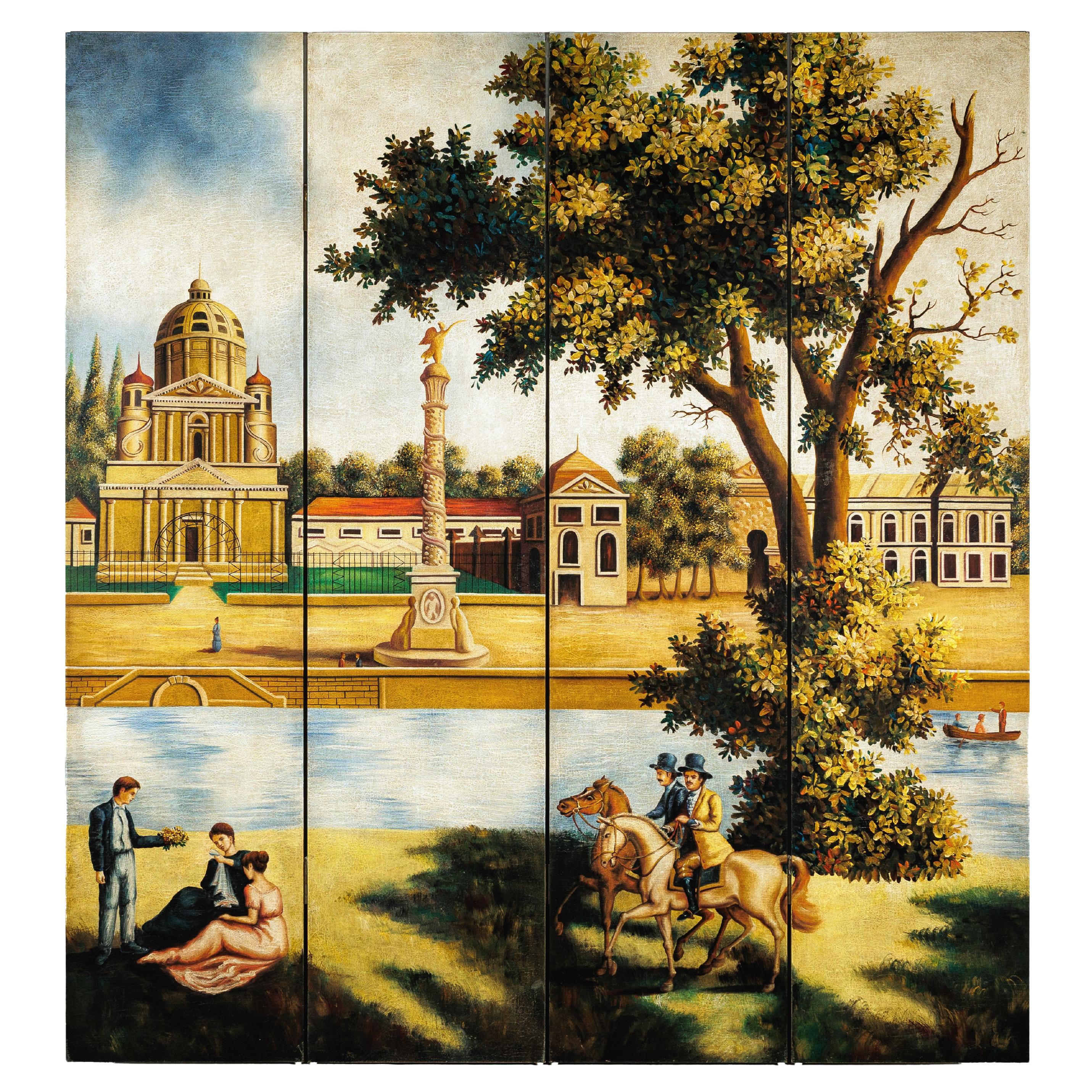 Paravent à quatre panneaux peints à la main avec scène architecturale et équestre, Vintage en vente