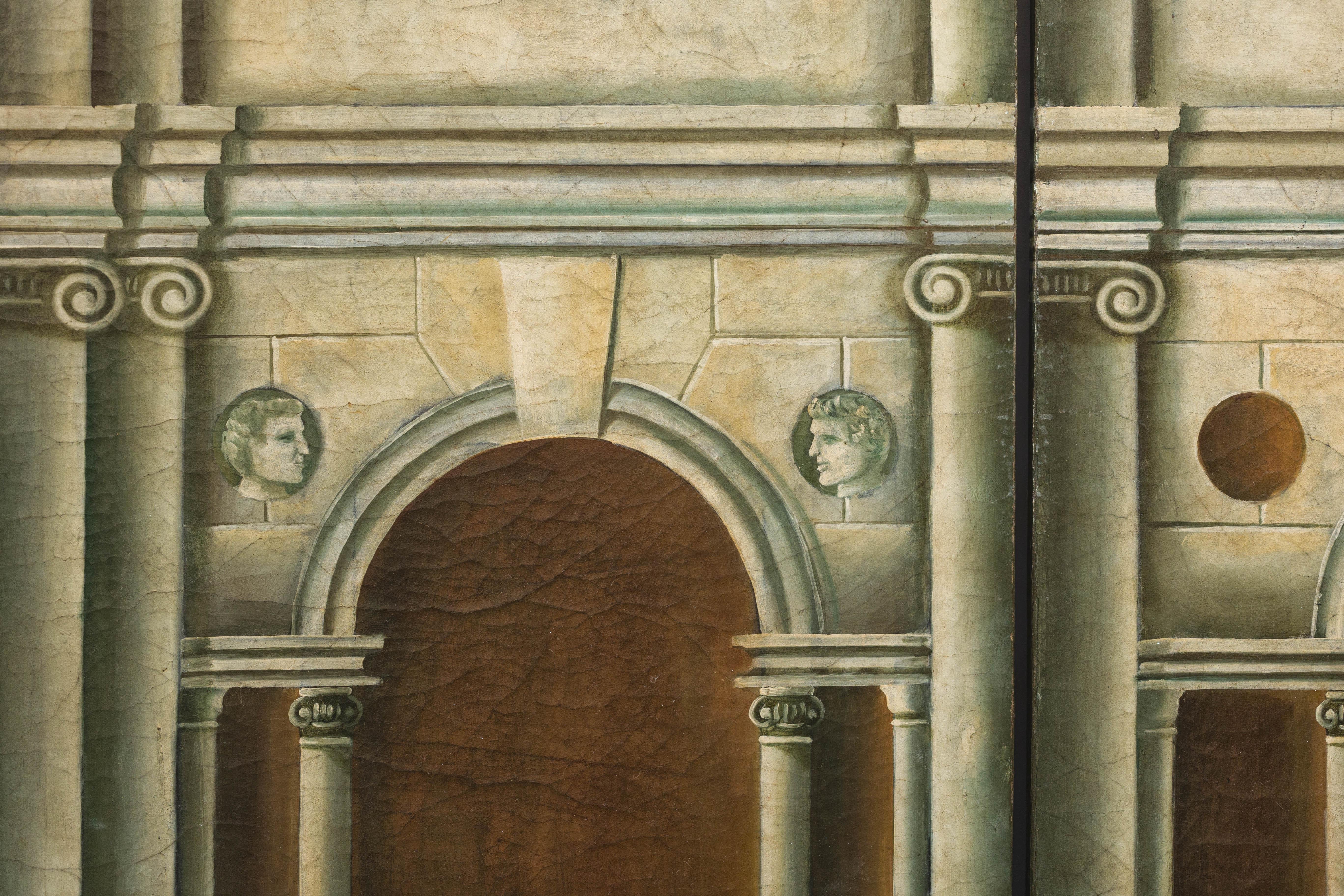 Hand-Painted Four-Panel Screen with Palladian Arch Motif in Tempera on Wood For Sale 5