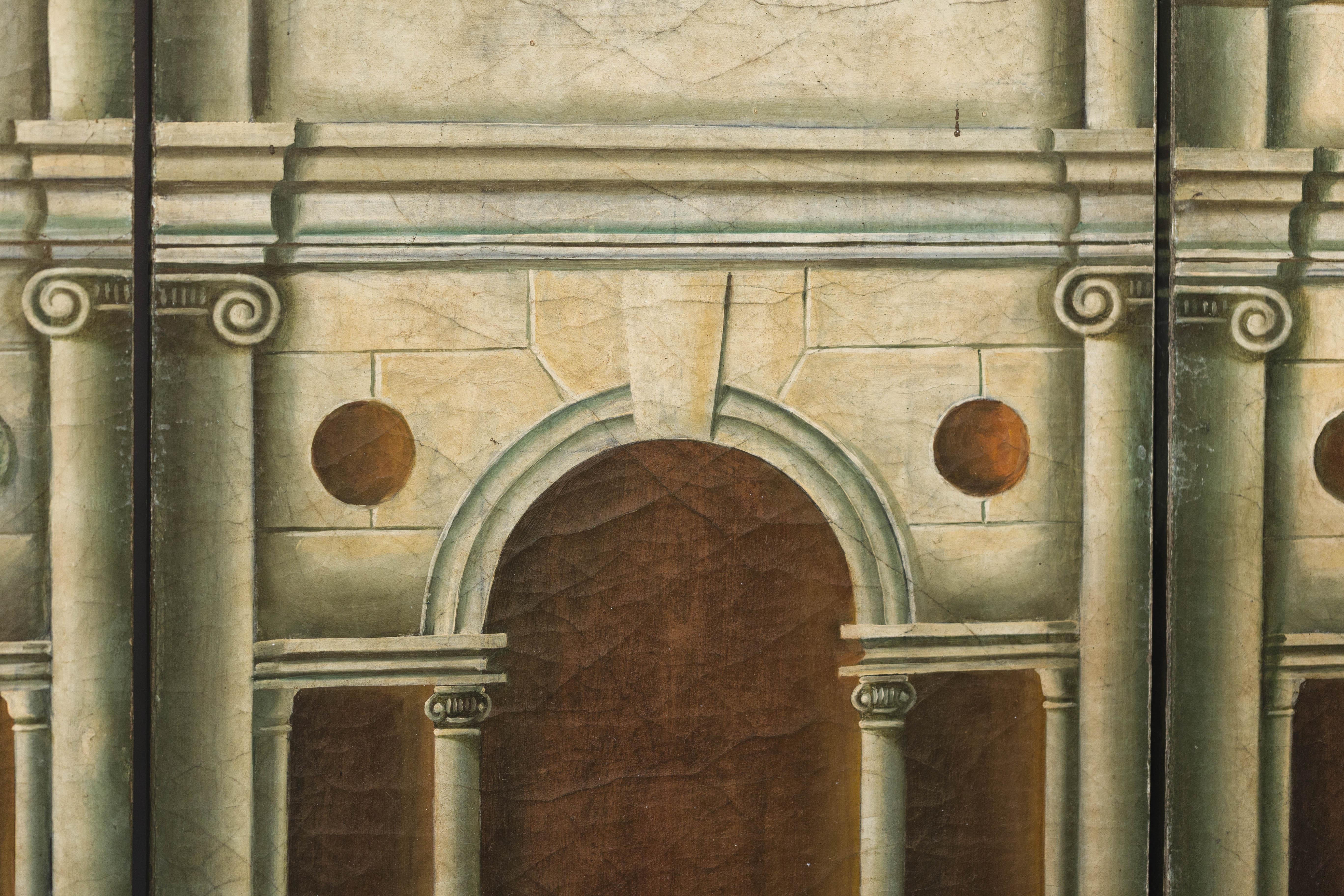 Hand-Painted Four-Panel Screen with Palladian Arch Motif in Tempera on Wood For Sale 6