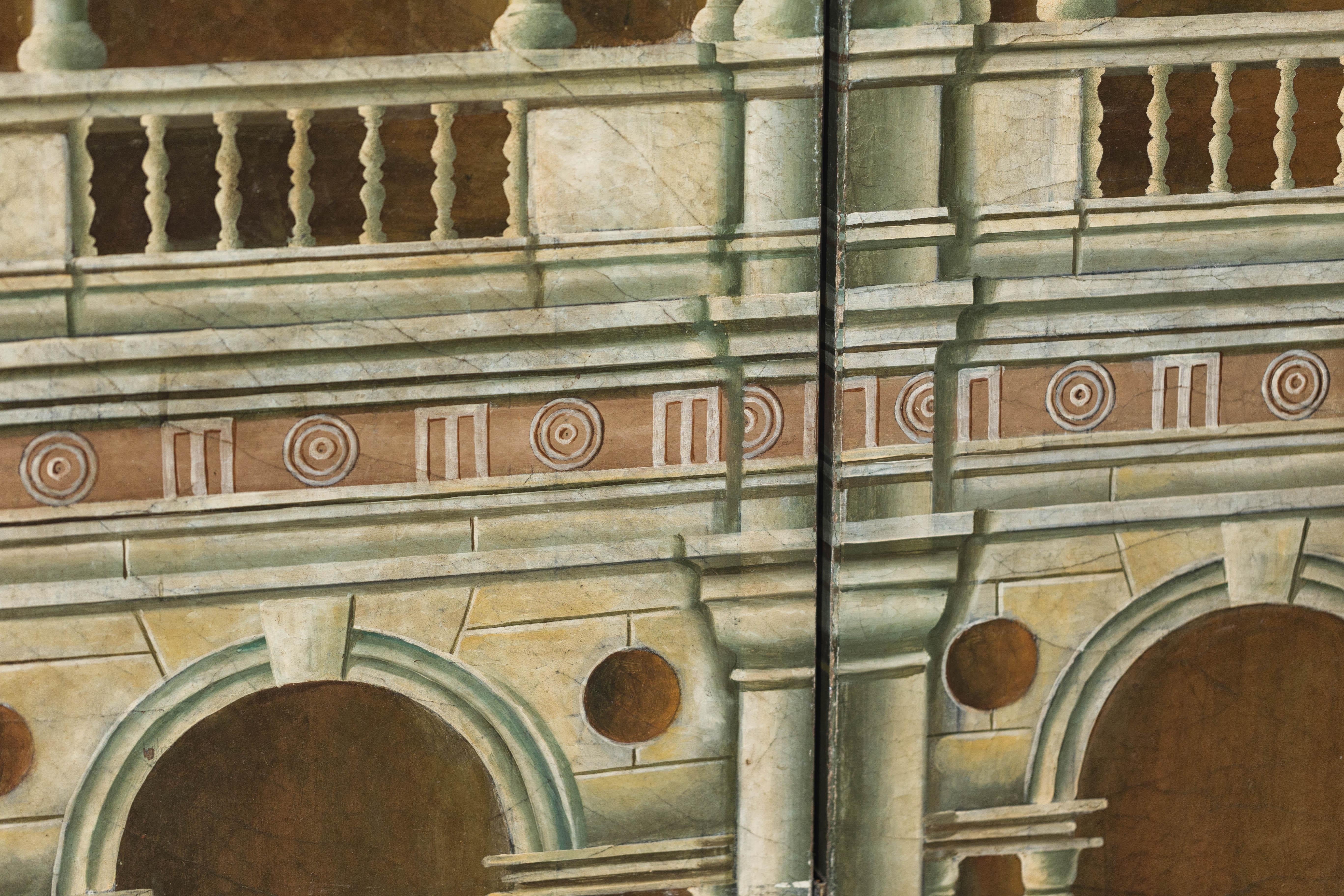 Hand-Painted Four-Panel Screen with Palladian Arch Motif in Tempera on Wood For Sale 7