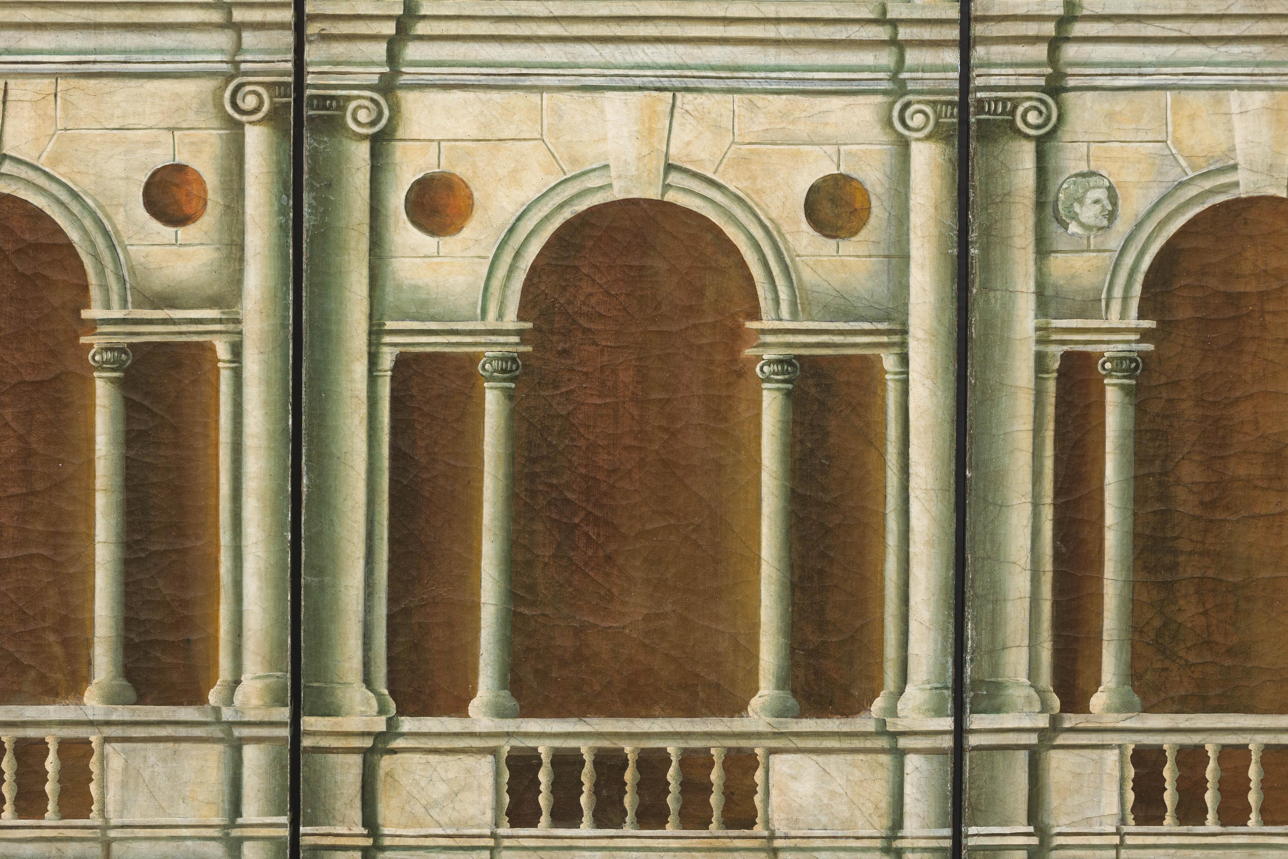 Hand-Painted Four-Panel Screen with Palladian Arch Motif in Tempera on Wood For Sale 8