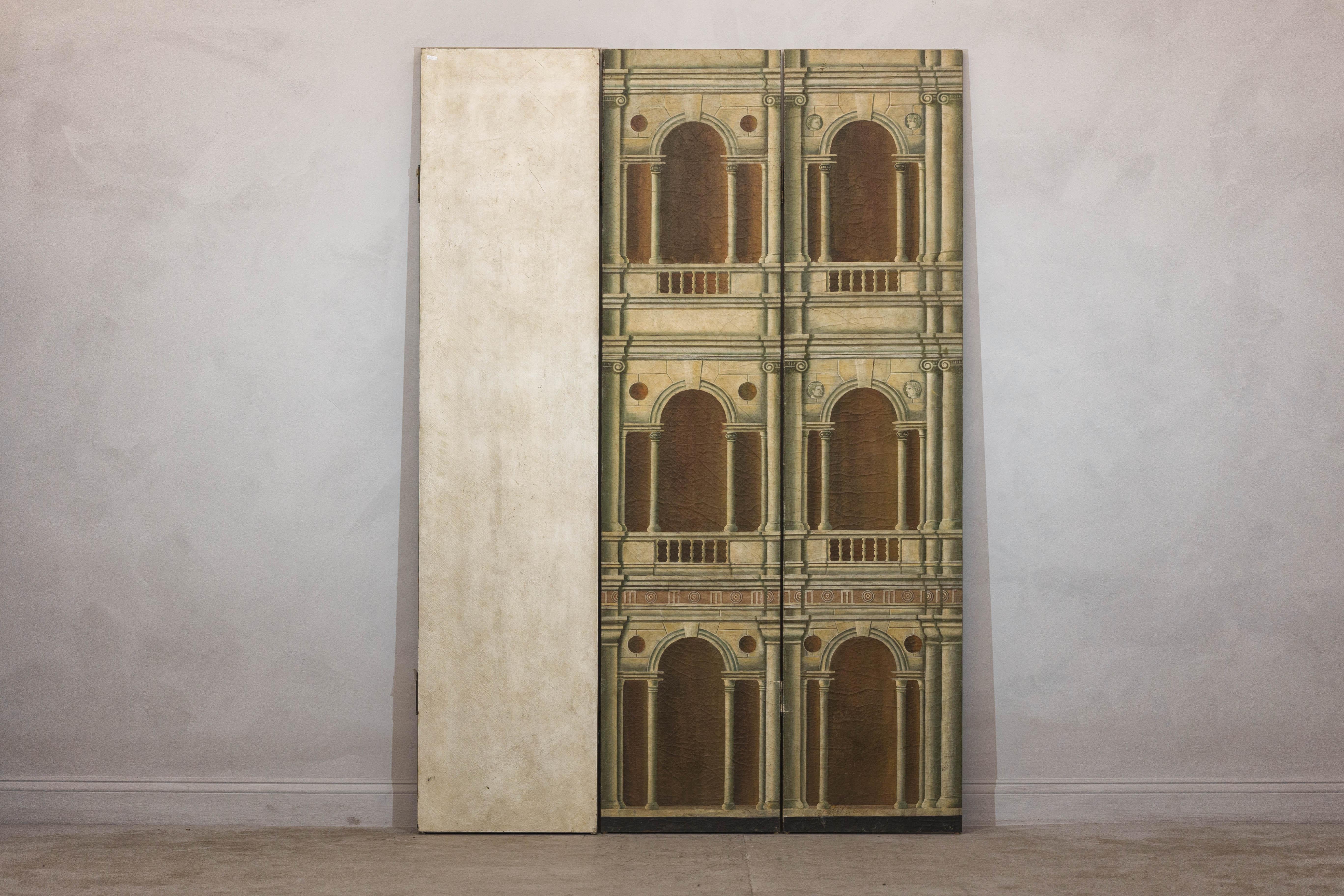 Hand-Painted Four-Panel Screen with Palladian Arch Motif in Tempera on Wood For Sale 10