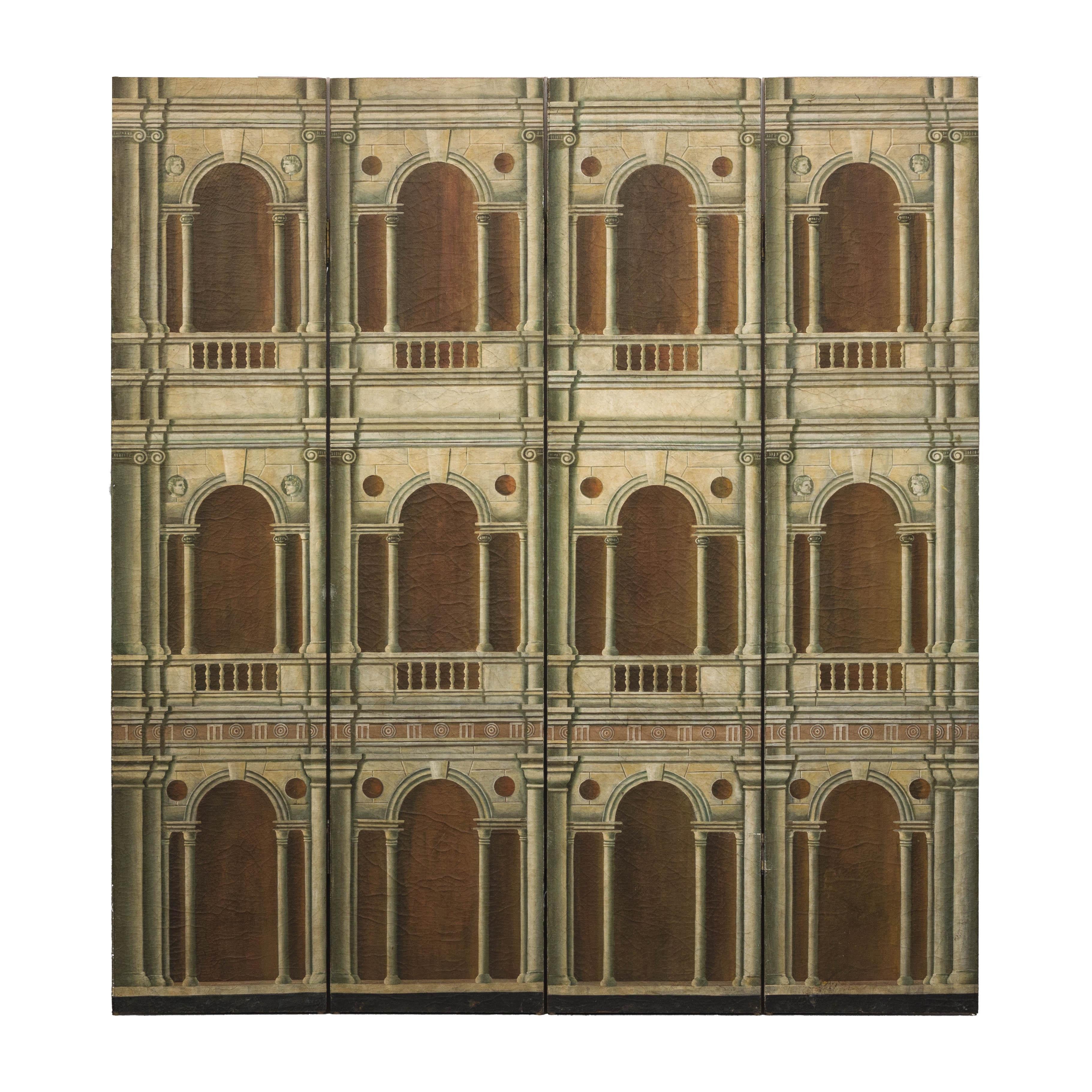 Hand-Painted Four-Panel Screen with Palladian Arch Motif in Tempera on Wood For Sale 11