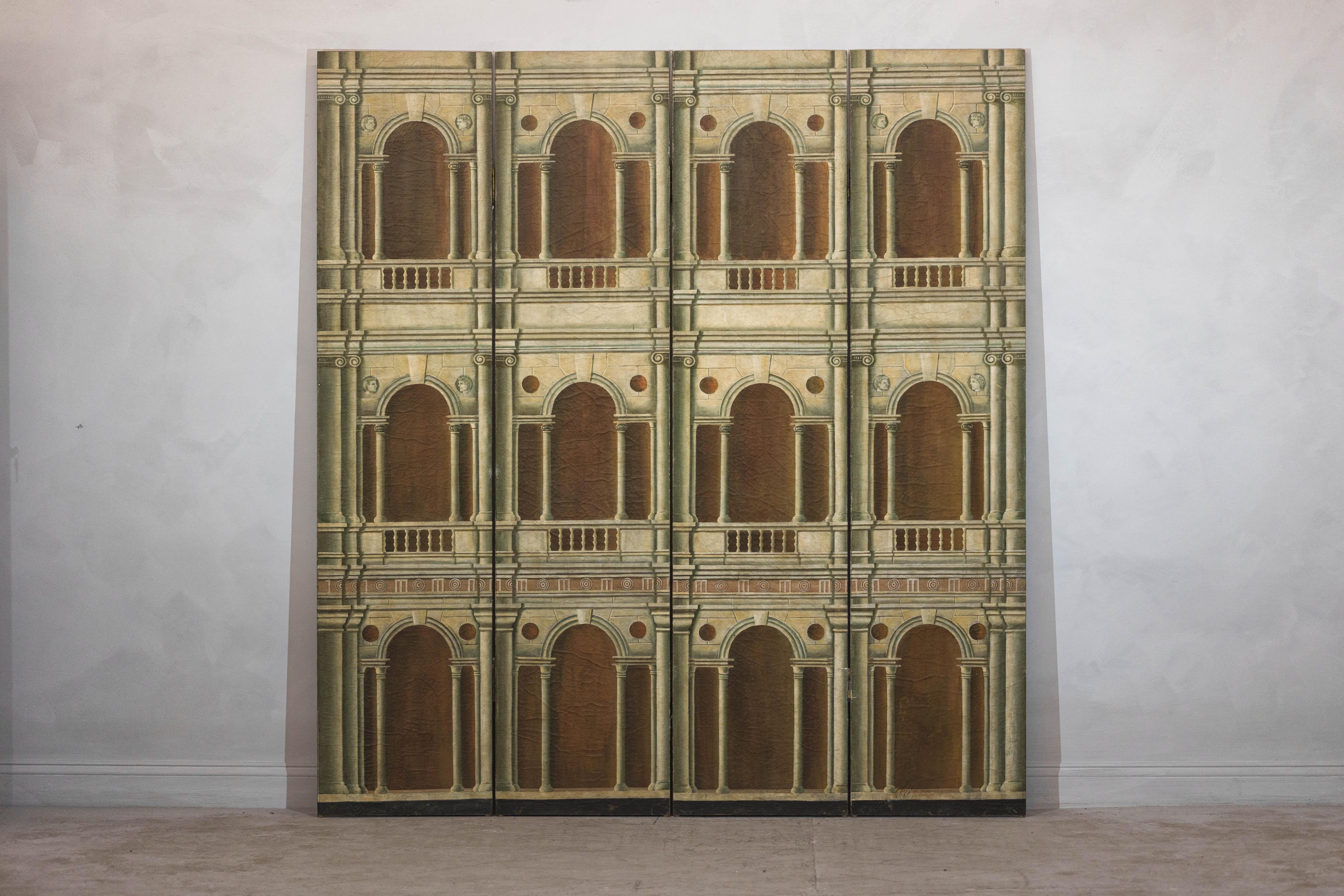 A four-panel screen from circa 1950-1970 depicting Palladian style architecture. Introduce timeless elegance to your home with this four-panel Chinese folding screen, featuring exquisitely hand-painted Palladian architectural arches. Inspired by the