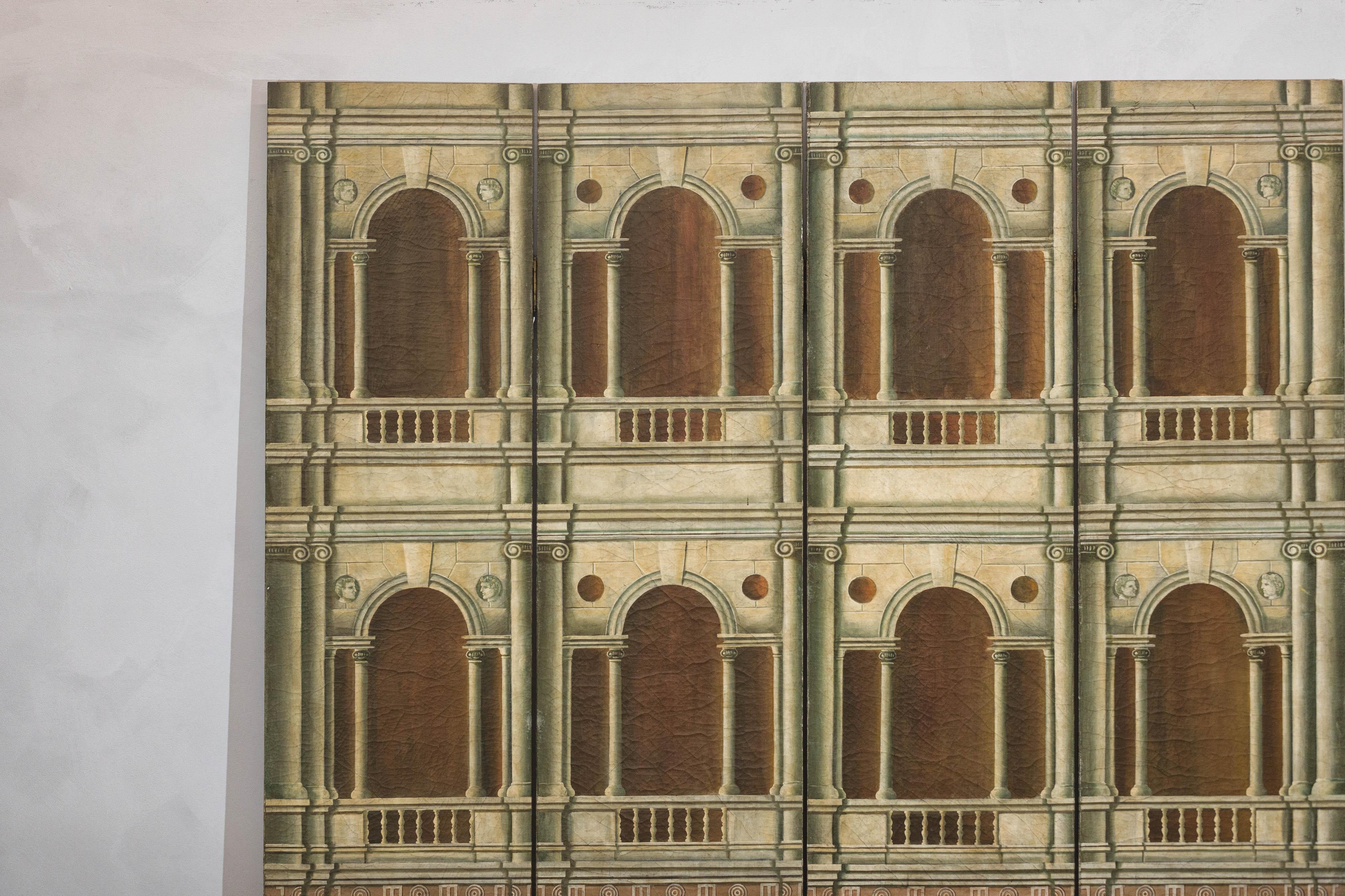 Chinese Hand-Painted Four-Panel Screen with Palladian Arch Motif in Tempera on Wood For Sale