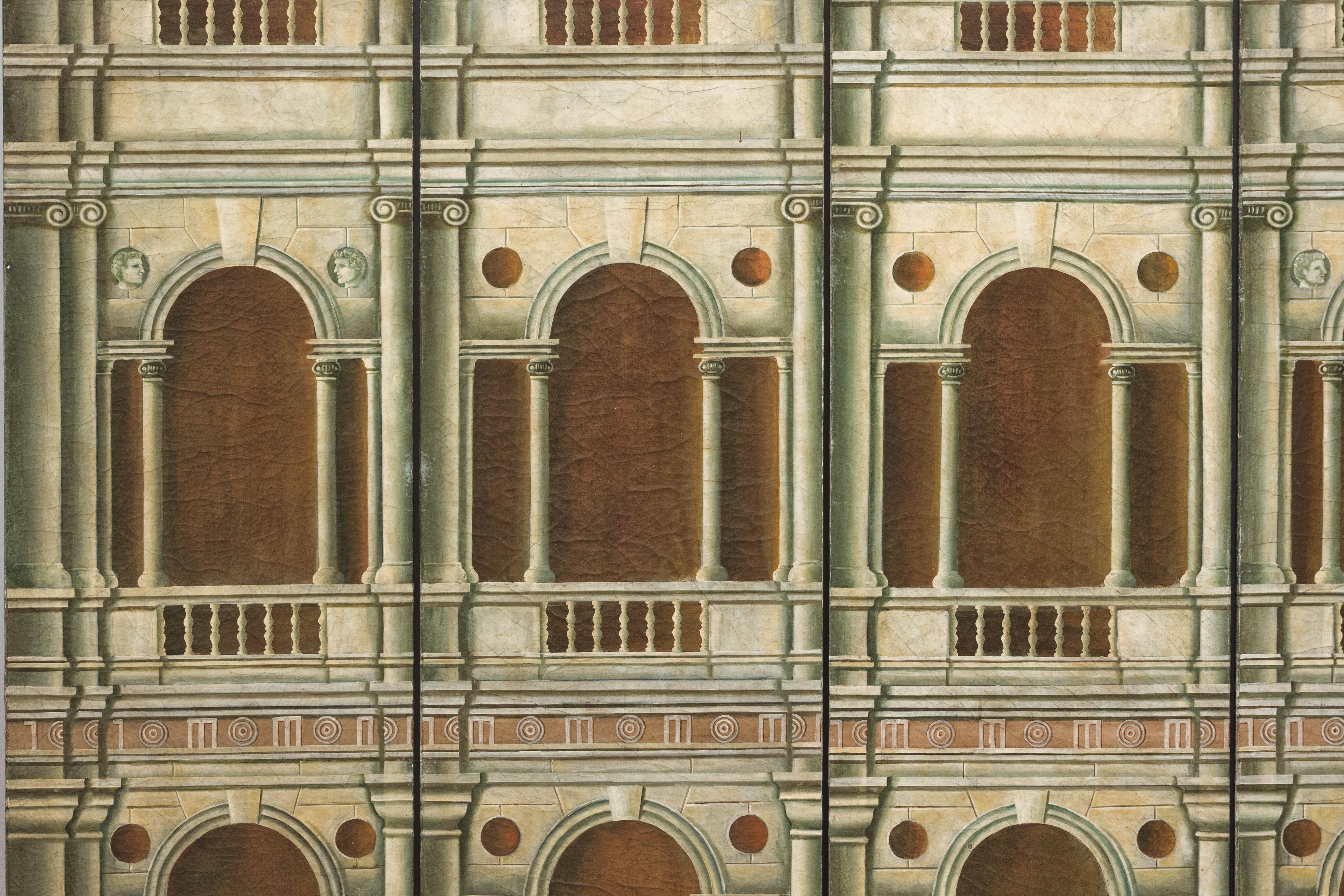 Hand-Painted Four-Panel Screen with Palladian Arch Motif in Tempera on Wood In Good Condition For Sale In Yonkers, NY