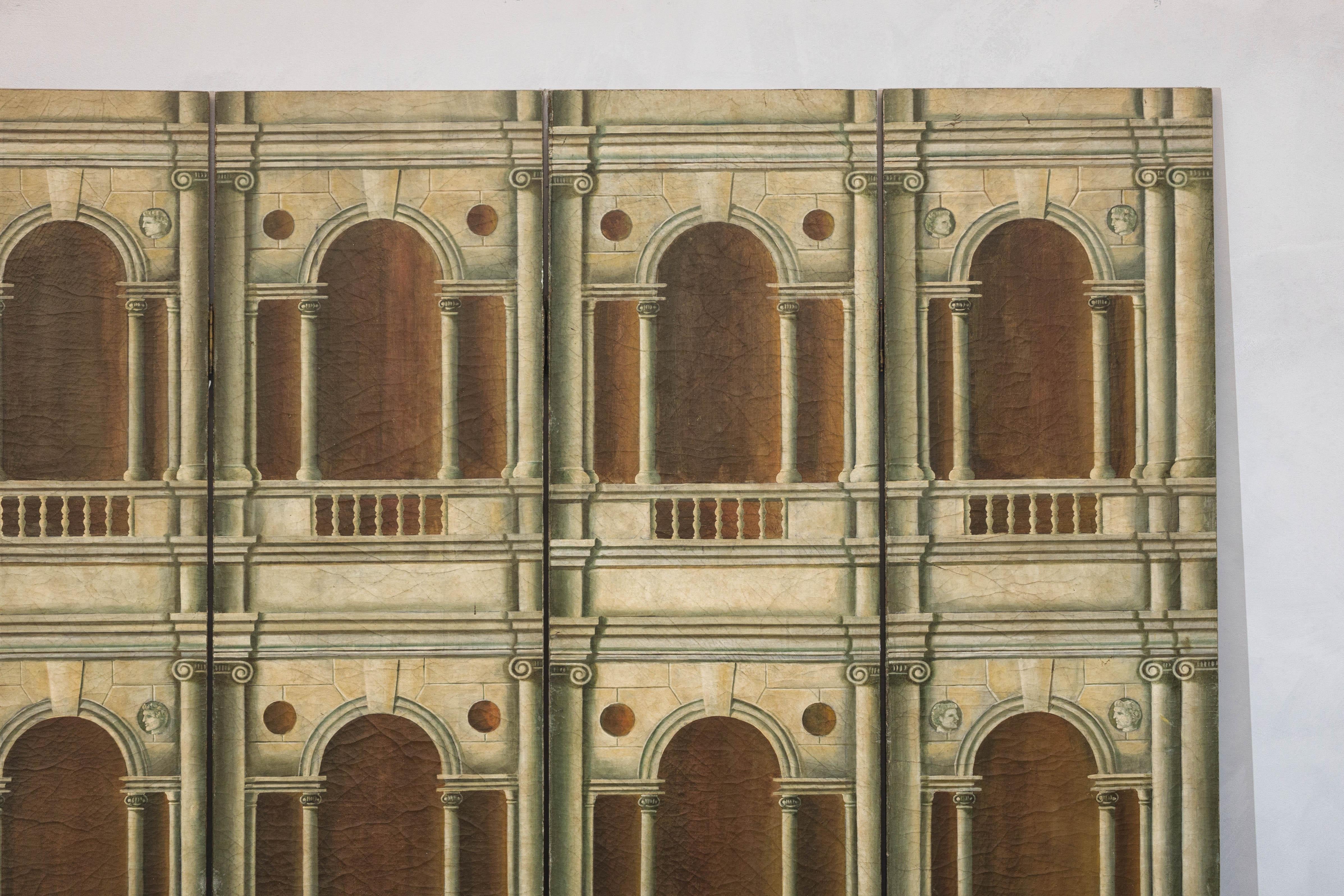 20th Century Hand-Painted Four-Panel Screen with Palladian Arch Motif in Tempera on Wood For Sale