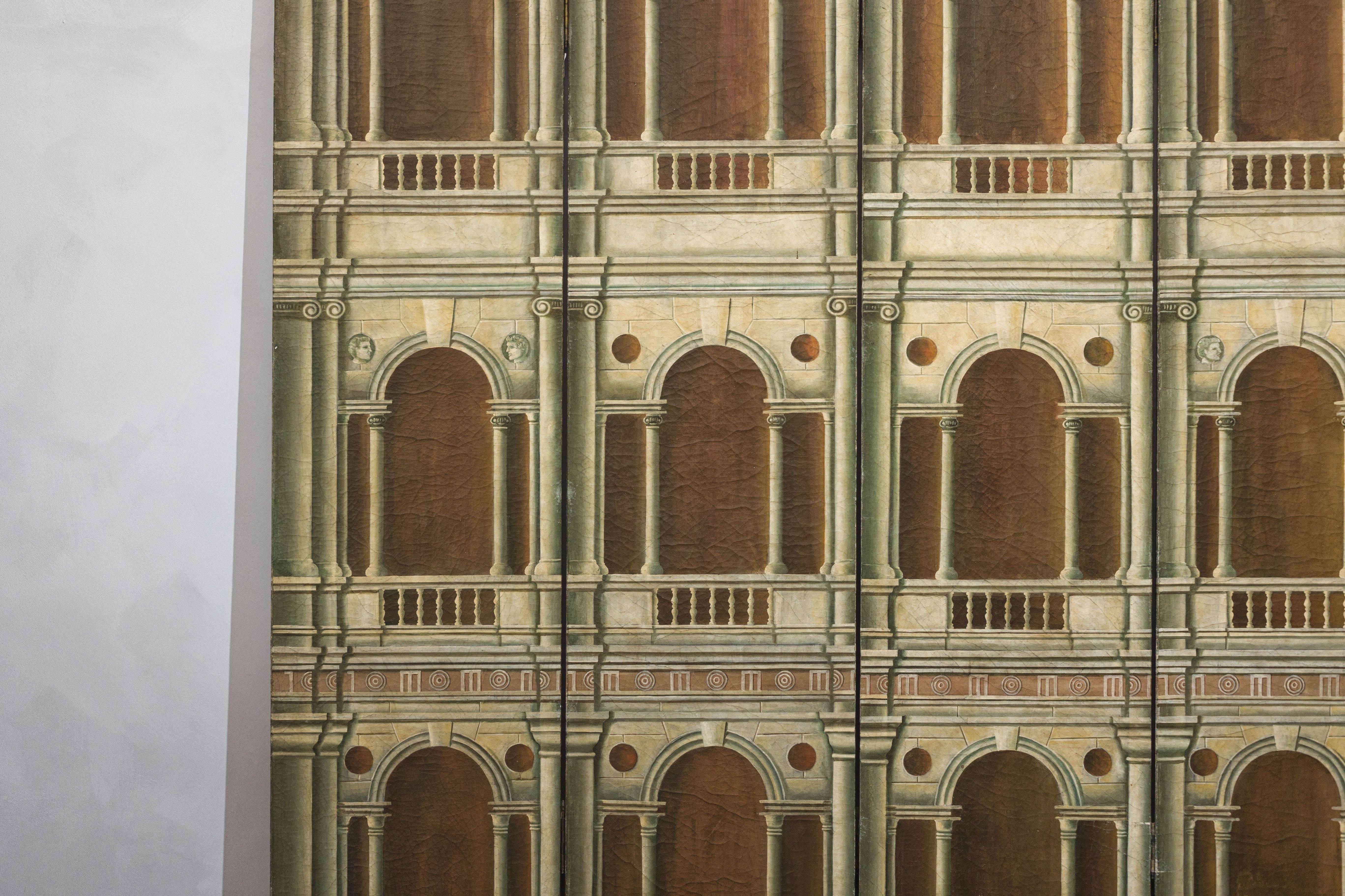 Hand-Painted Four-Panel Screen with Palladian Arch Motif in Tempera on Wood For Sale 1