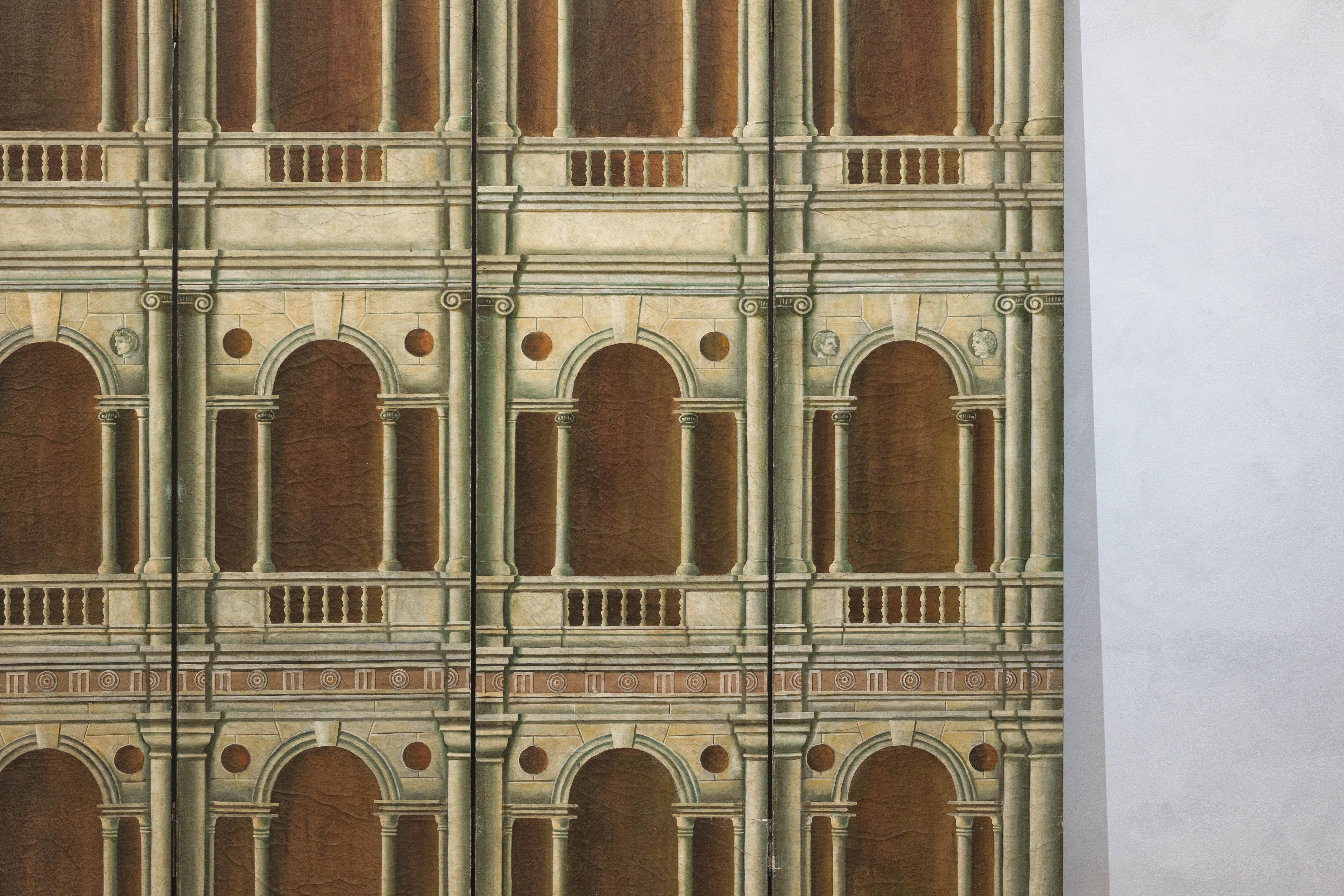 Hand-Painted Four-Panel Screen with Palladian Arch Motif in Tempera on Wood For Sale 2