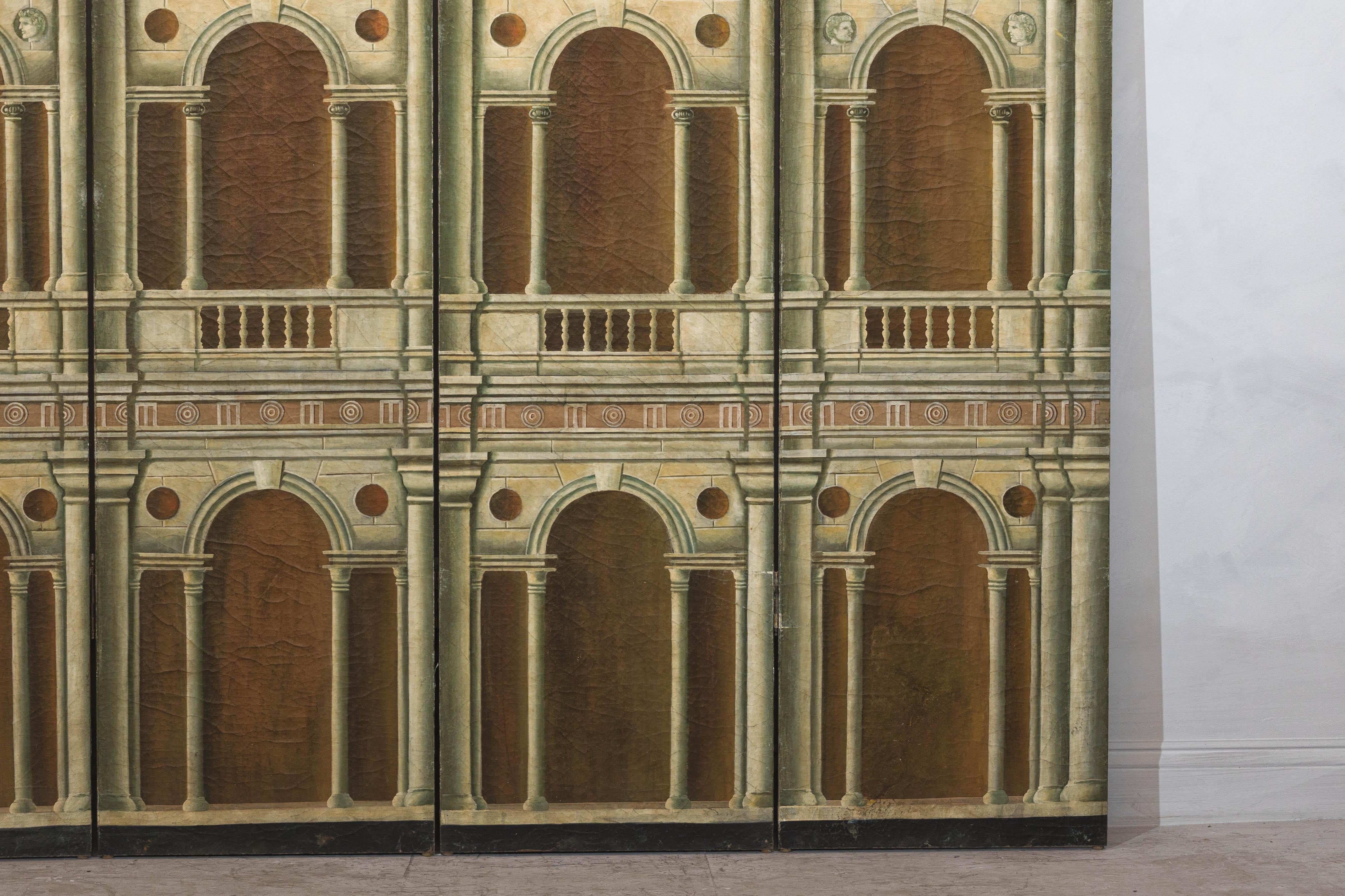 Hand-Painted Four-Panel Screen with Palladian Arch Motif in Tempera on Wood For Sale 4