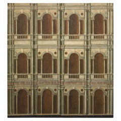 Hand-Painted Four-Panel Screen with Palladian Arch Motif in Tempera on Wood