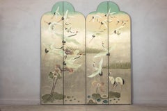 Hand-Painted Four-Panel Screen with Red-Crowned Cranes and Nature Motifs