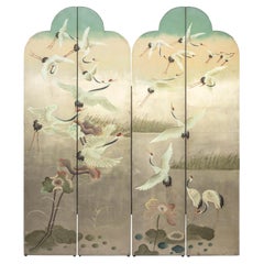 Hand-Painted Four-Panel Screen with Red-Crowned Cranes and Nature Motifs