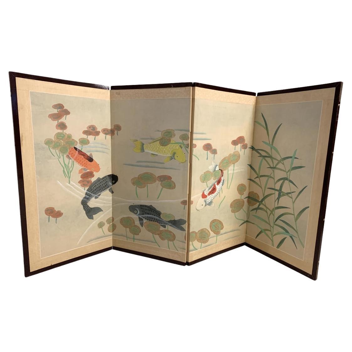 Hand-Painted Four Panel Table Top Koi Screen
