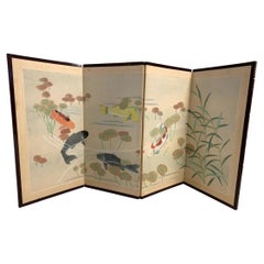 Hand-Painted Four Panel Table Top Koi Screen