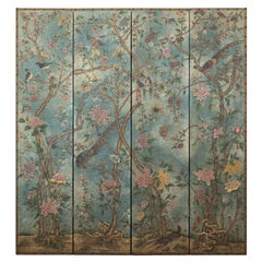 Hand-Painted Four-Panel Turquoise Screen with Birds and Floral Design