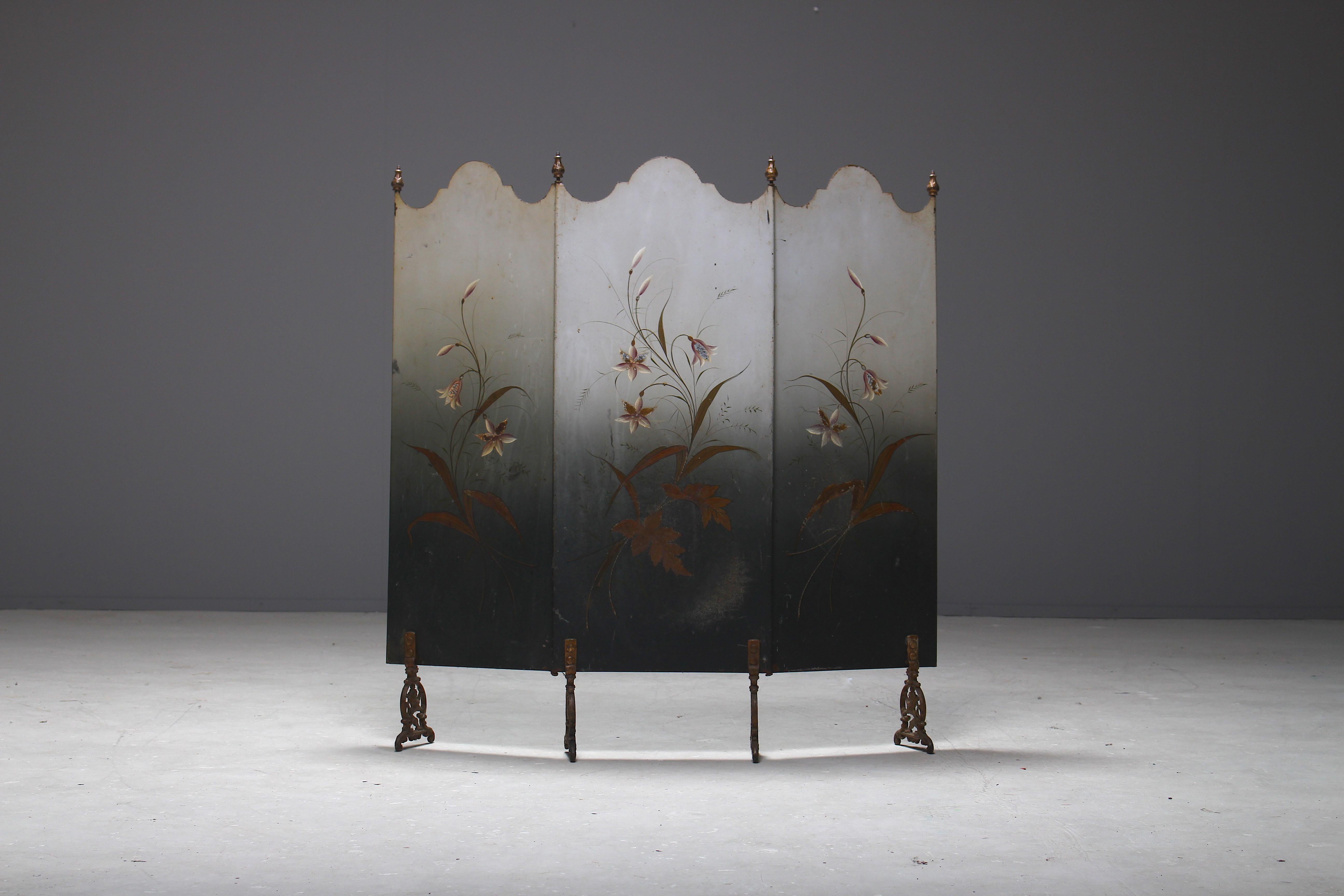 French fire screen from the Art Nouveau period 1910. The screen is not just a screen but also a piece of art. It is hand painted in and shows a dreamy misty landscape.
Through the heat some paint has losses but it does not influence the overall