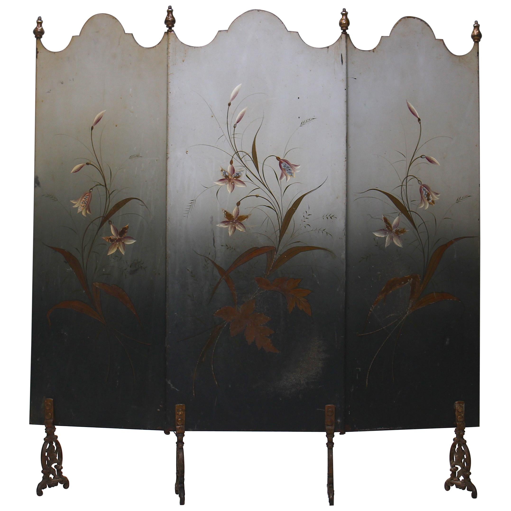 Hand Painted French Art Nouveau Fire Screen, circa 1910 For Sale