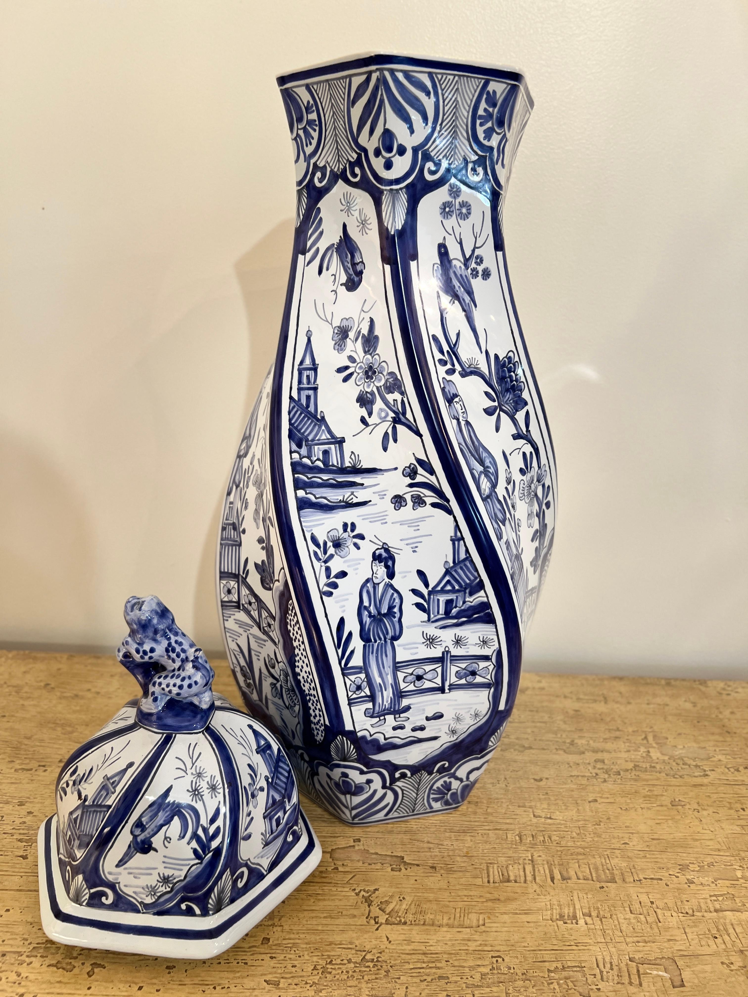 Hand-Painted Hand Painted French Blue and White Lidded Vase -  Signed for Tiffany & Co For Sale