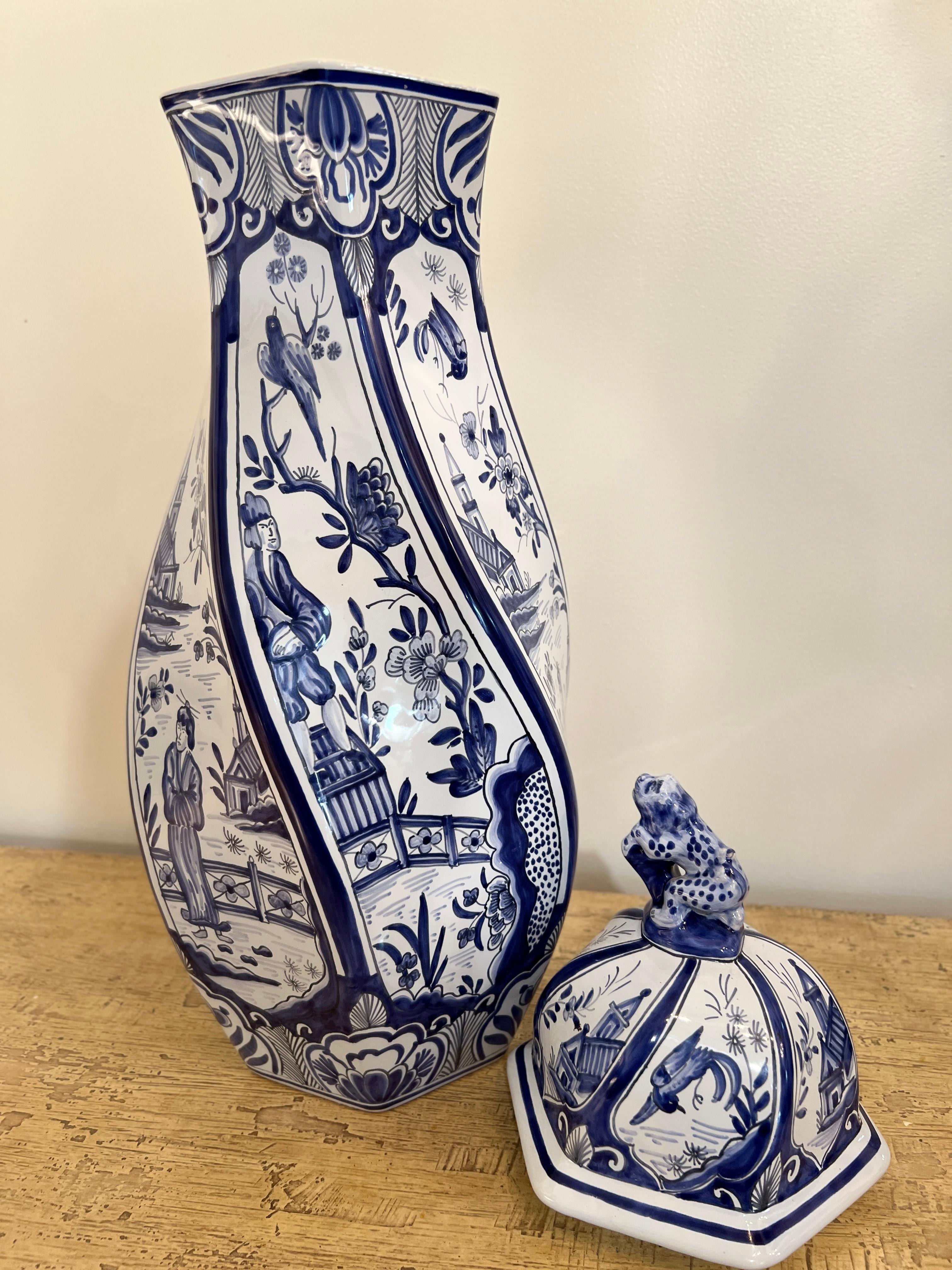 Hand Painted French Blue and White Lidded Vase -  Signed for Tiffany & Co In Excellent Condition For Sale In Mt Kisco, NY