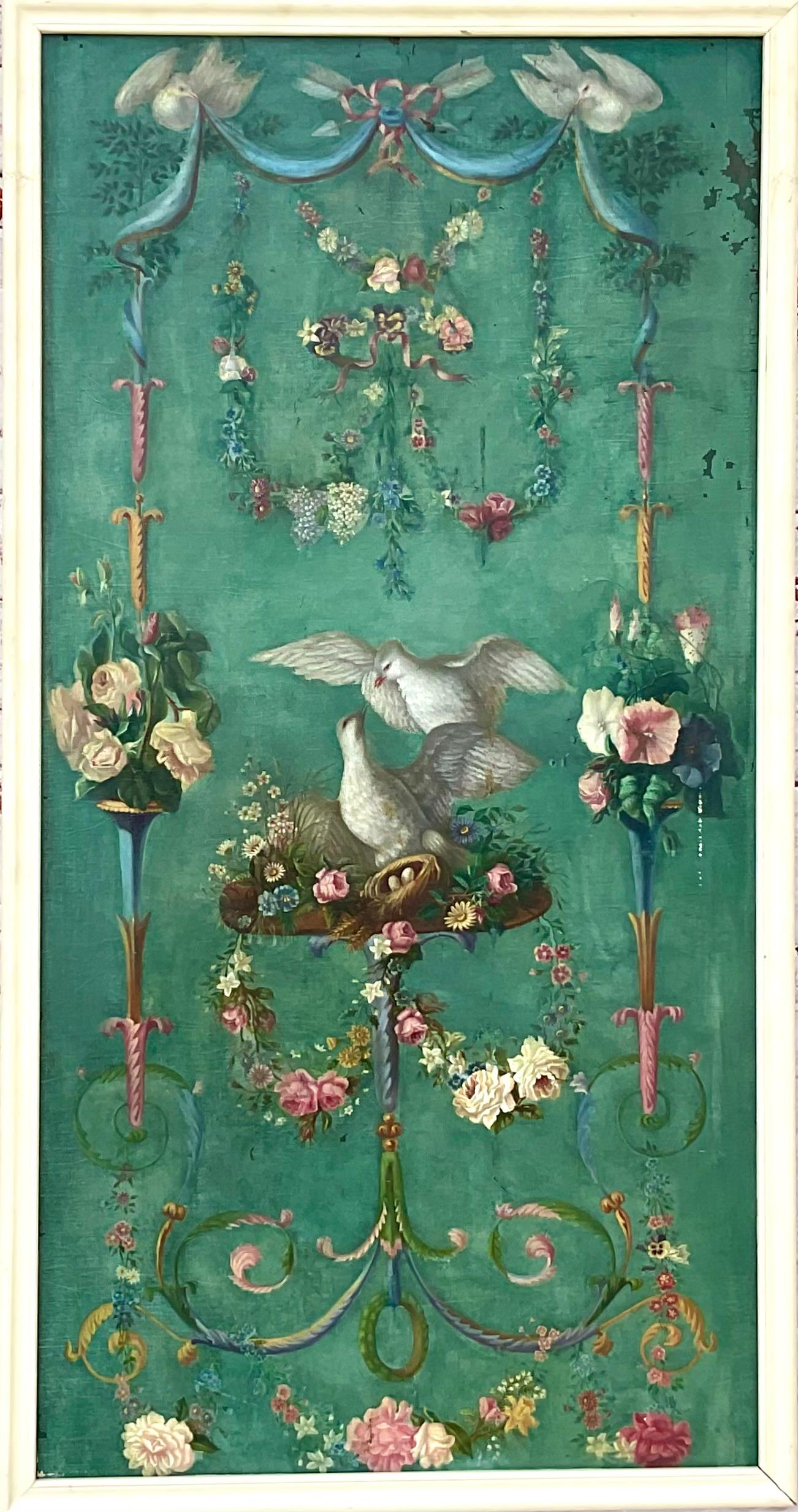 Pareja de Elegantes Paneles de Pared de Boiserie Franceses Pintados a Mano del Siglo XIX. Los paneles se pintan sobre lienzo y después se montan sobre un tablero. Enmarcados en sencillos marcos de madera blanca. Cada panel presenta dos juguetonas