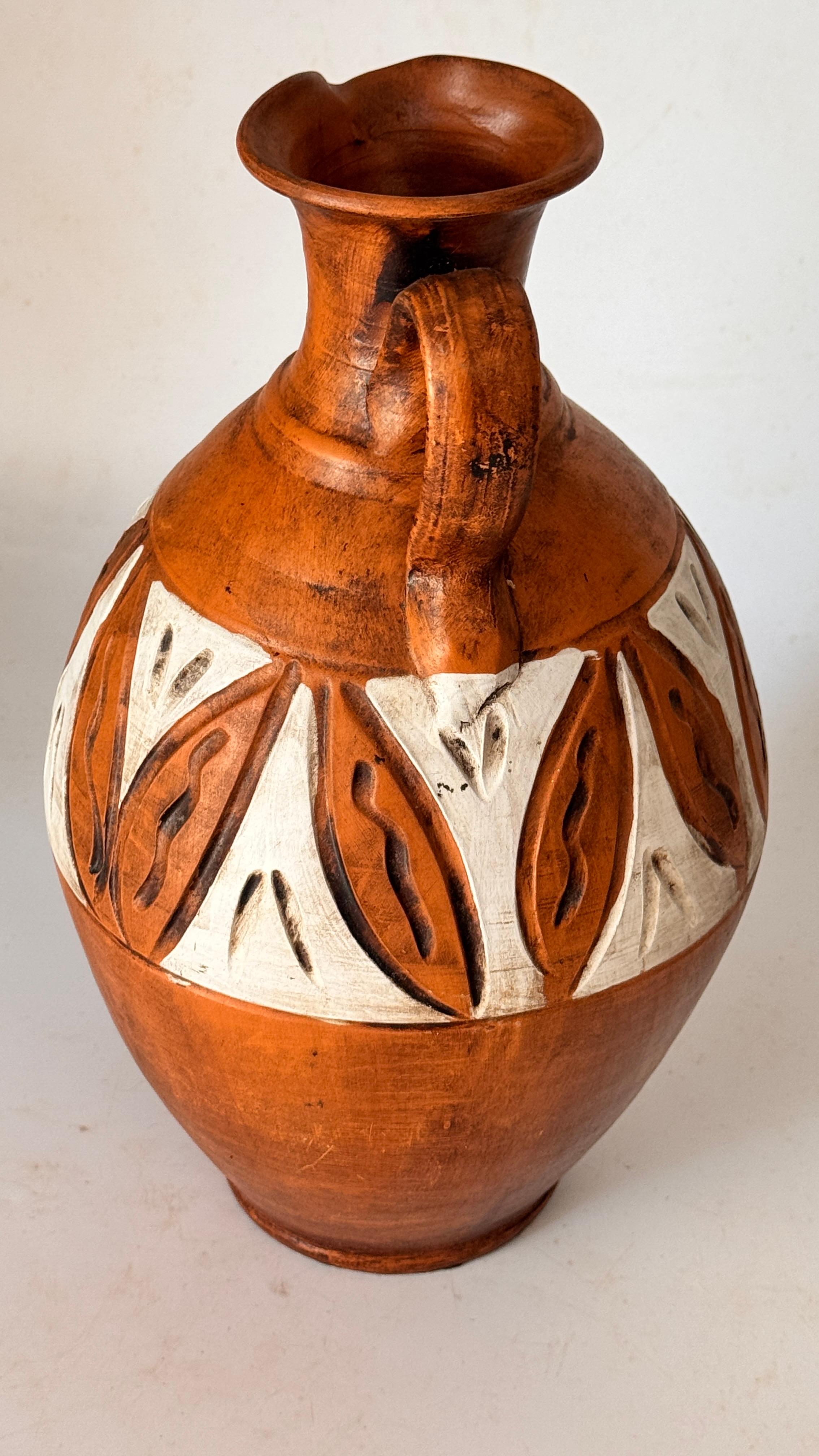 Stoneware Hand-Painted French Ceramic Jug – Tribal Geometric Motifs – 20th Century For Sale