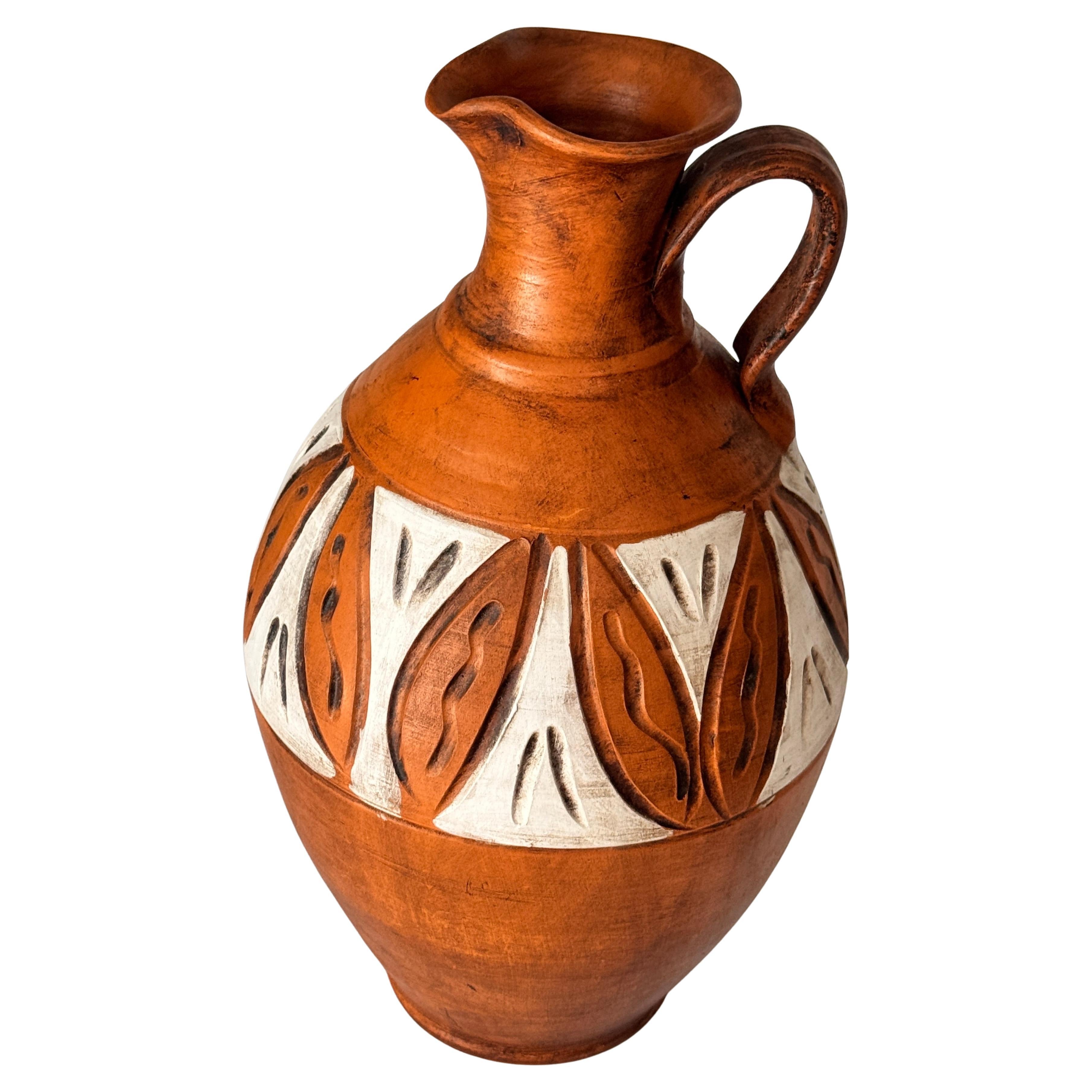 Hand-Painted French Ceramic Jug – Tribal Geometric Motifs – 20th Century For Sale