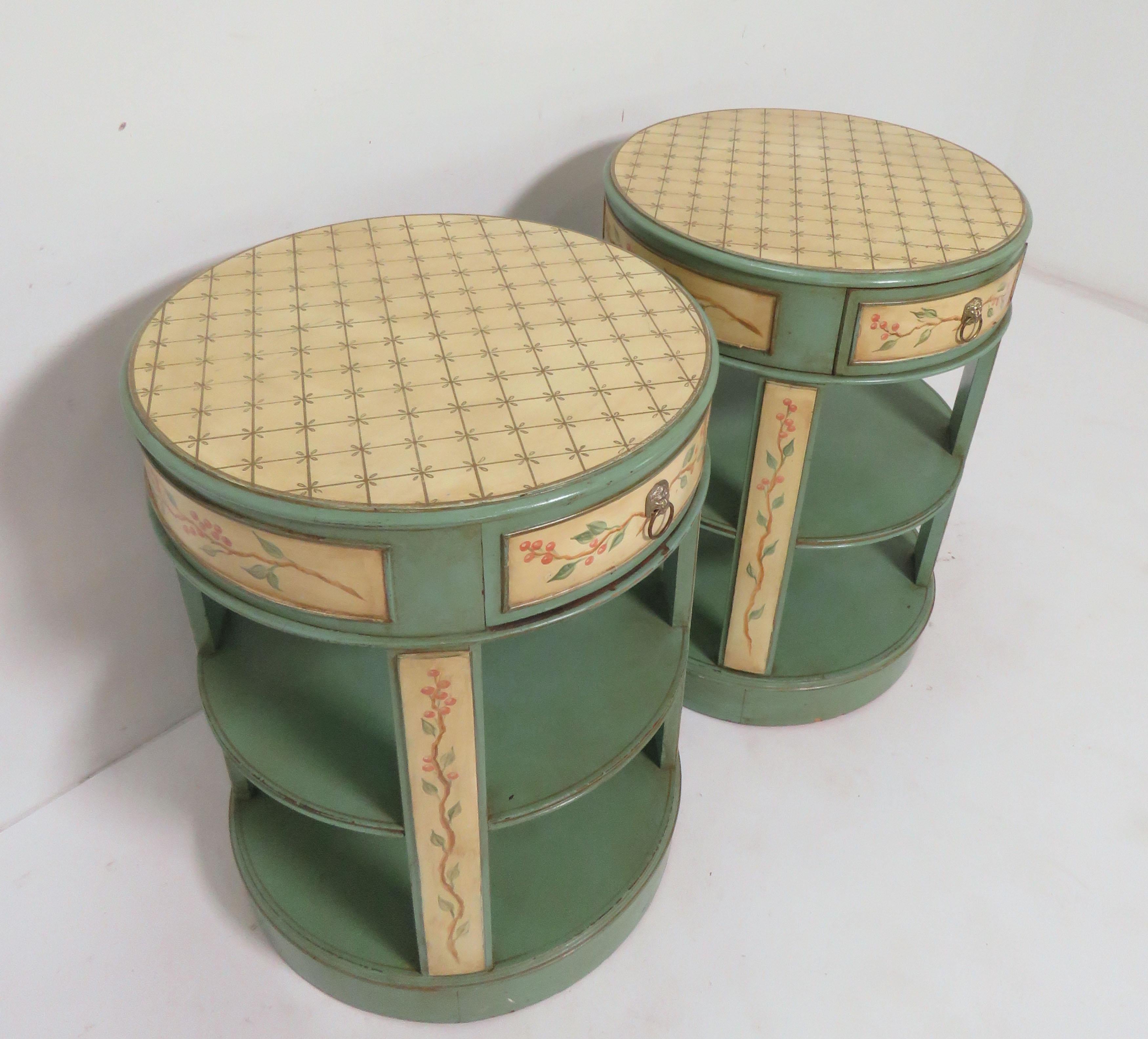 Hand Painted French Country Drum Side Tables In Good Condition In Peabody, MA