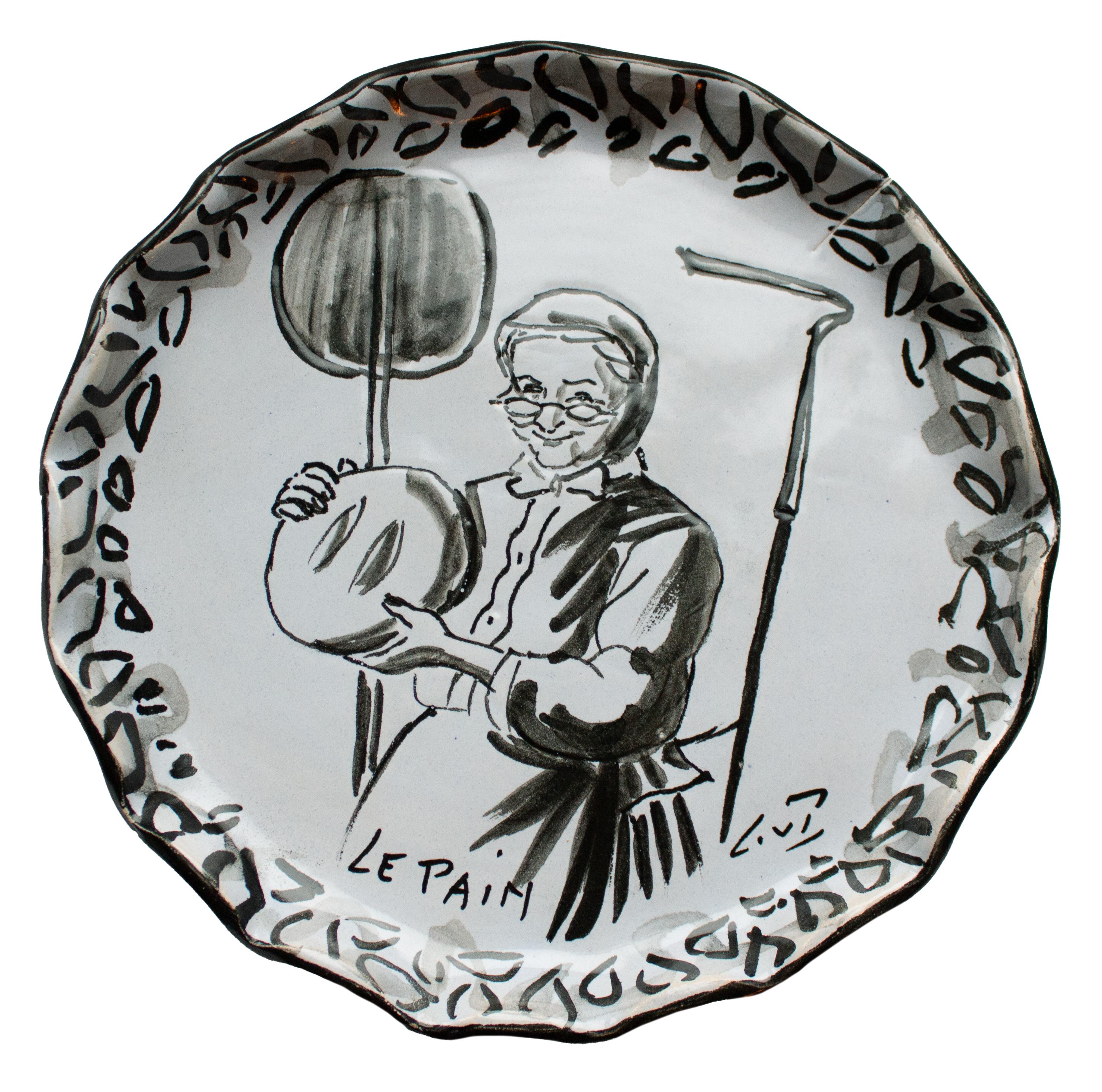 Milieu du XXe siècle Assiettes de campagne peintes à la main célébrant l'artisanat rural en noir et gris en vente