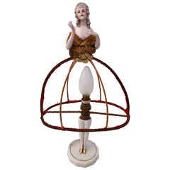 Antique Hand-Painted French Porcelain Boudoir Doll Lamp, with Lampshade Frame, 1800s