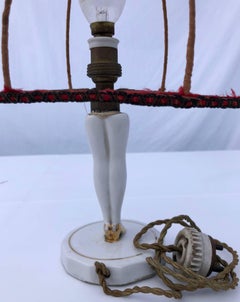 Hand-Painted French Porcelain Boudoir Doll Lamp, with Lampshade Frame, 1800s