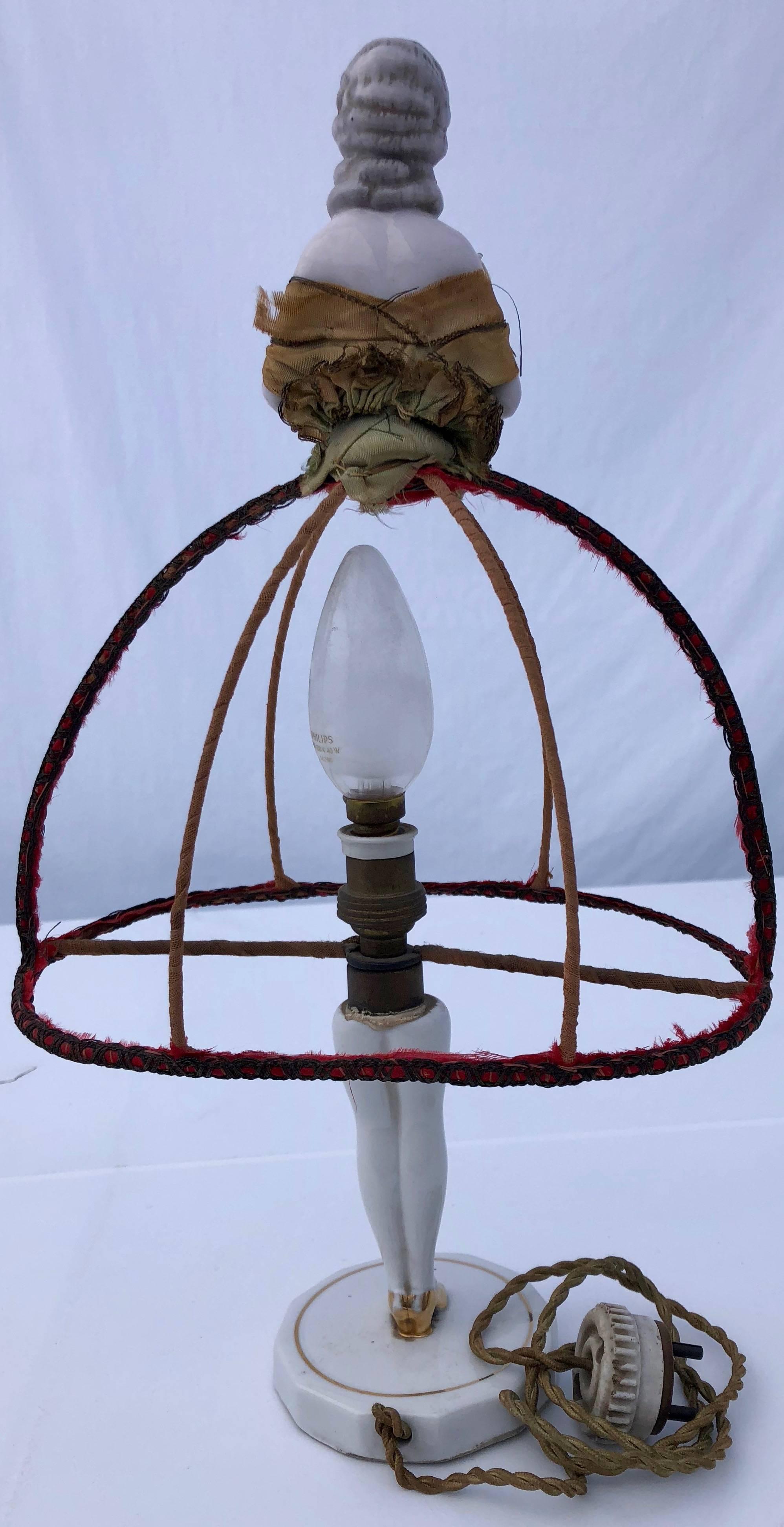 Regency Hand-Painted French Porcelain Boudoir Doll Lamp, with Lampshade Frame, 1800s For Sale