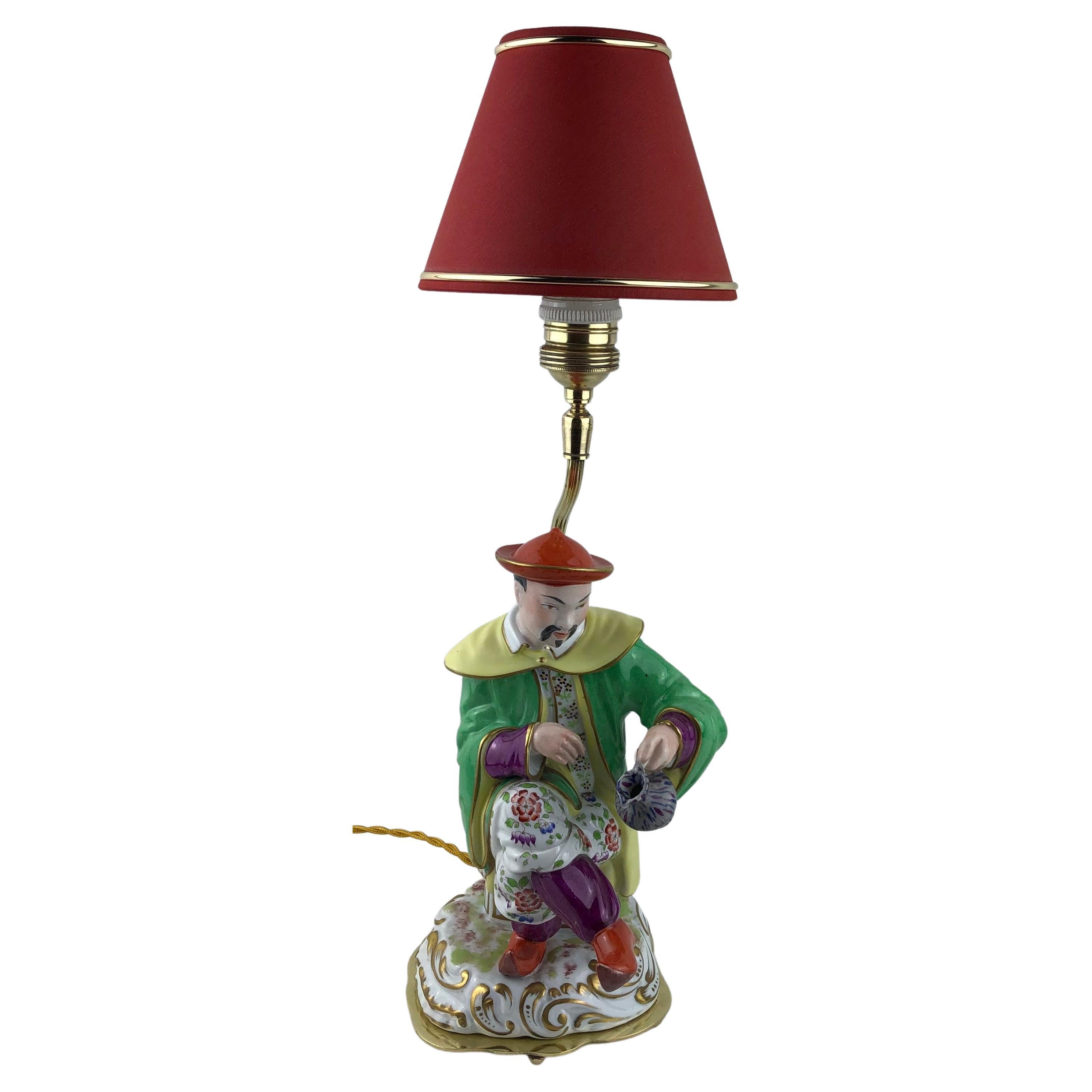Hand-Painted French Porcelain Chinoiserie Table Lamp Attributed to J. Poncet For Sale