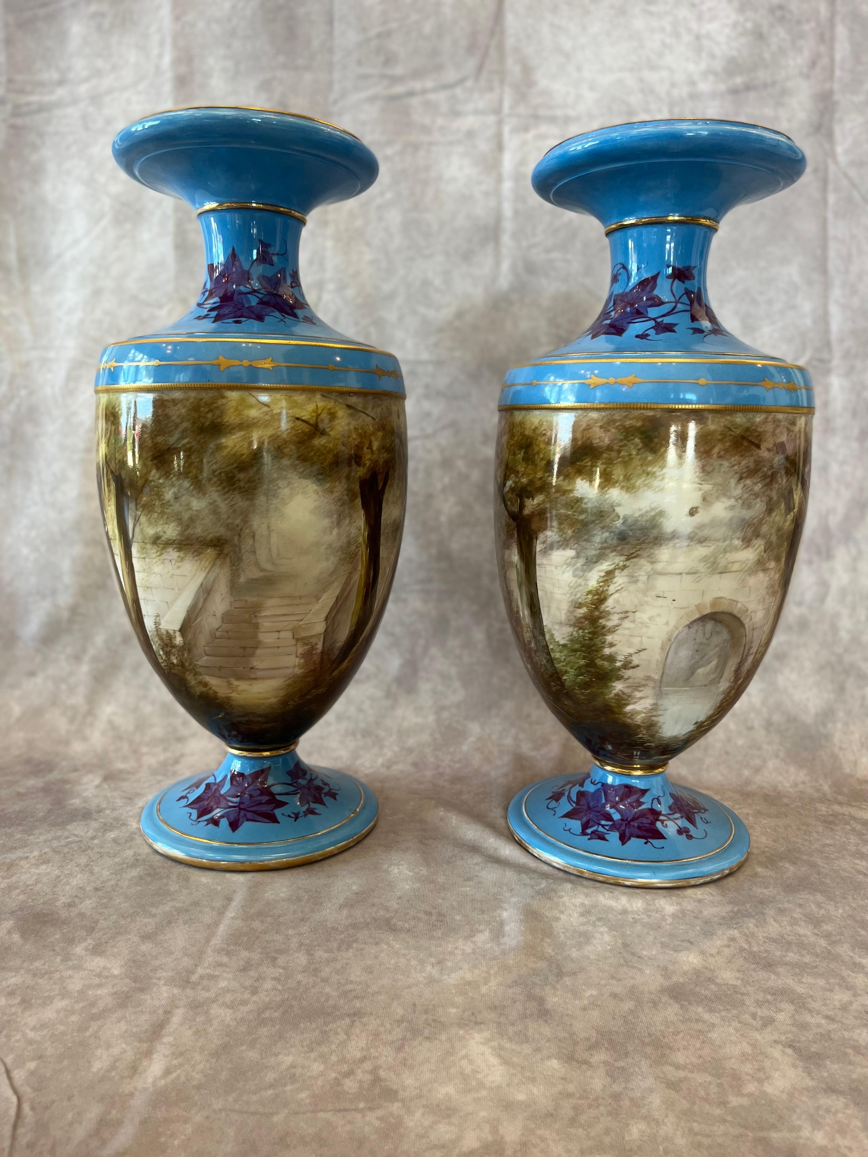 Hand Painted French Porcelain Vases Sevres Style For Sale 3