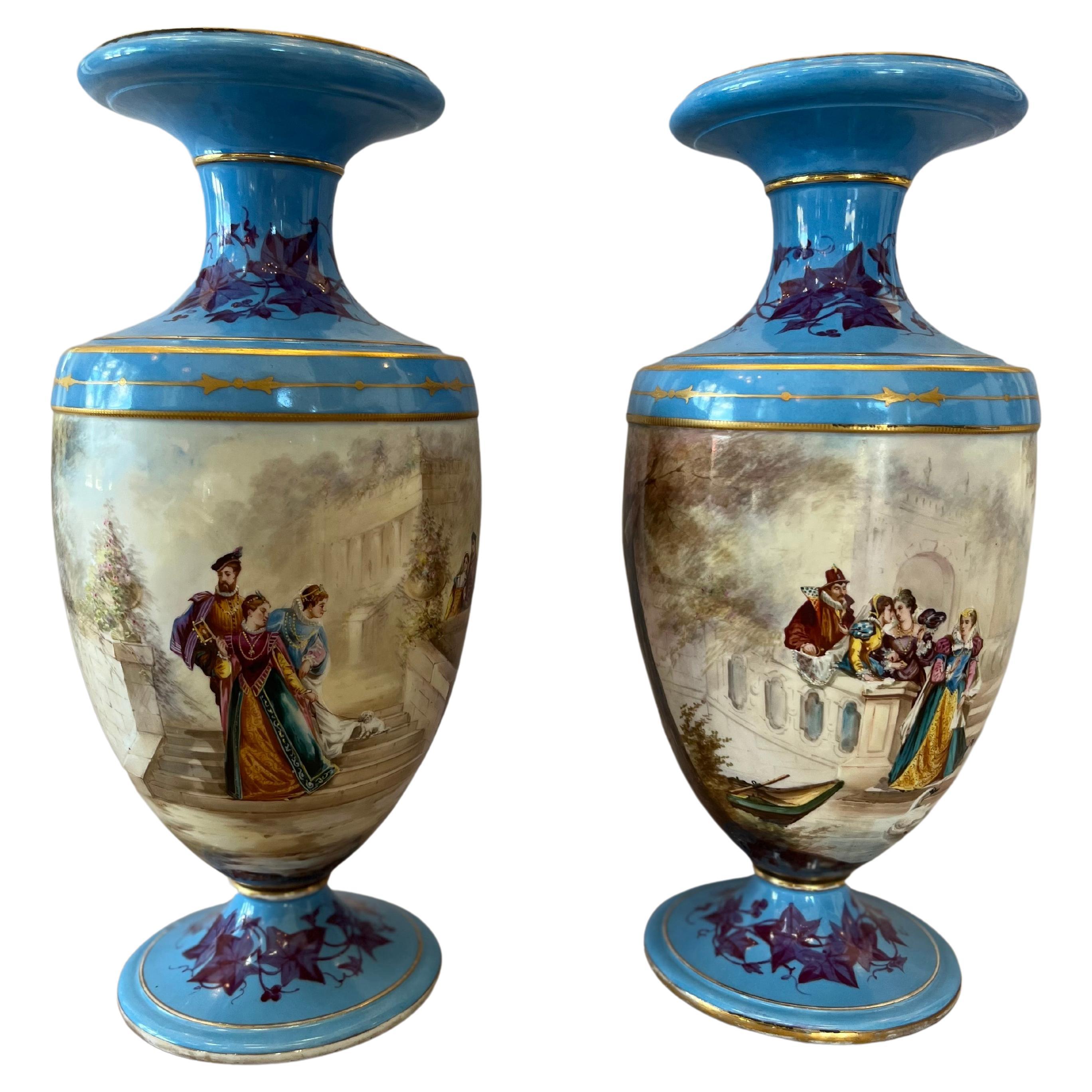 Hand Painted French Porcelain Vases Sevres Style For Sale