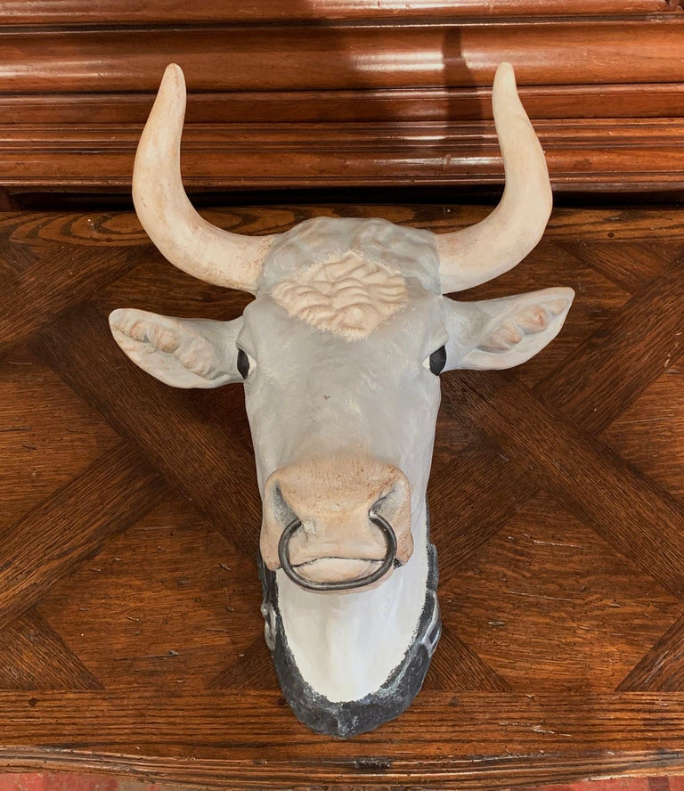 Hand Painted French Terracotta Butcher Cow Head Sculpture with Ring and Collar For Sale at 1stdibs