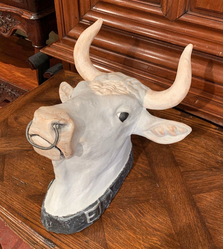 Hand Painted French Terracotta Butcher Cow Head Sculpture with Ring and Collar at 1stDibs cow