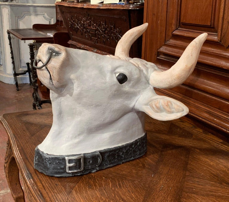 Hand Painted French Terracotta Butcher Cow Head Sculpture with Ring and Collar at 1stDibs cow