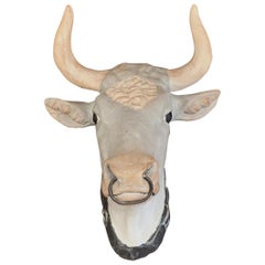 Hand Painted French Terracotta Butcher Cow Head Sculpture with Ring and Collar