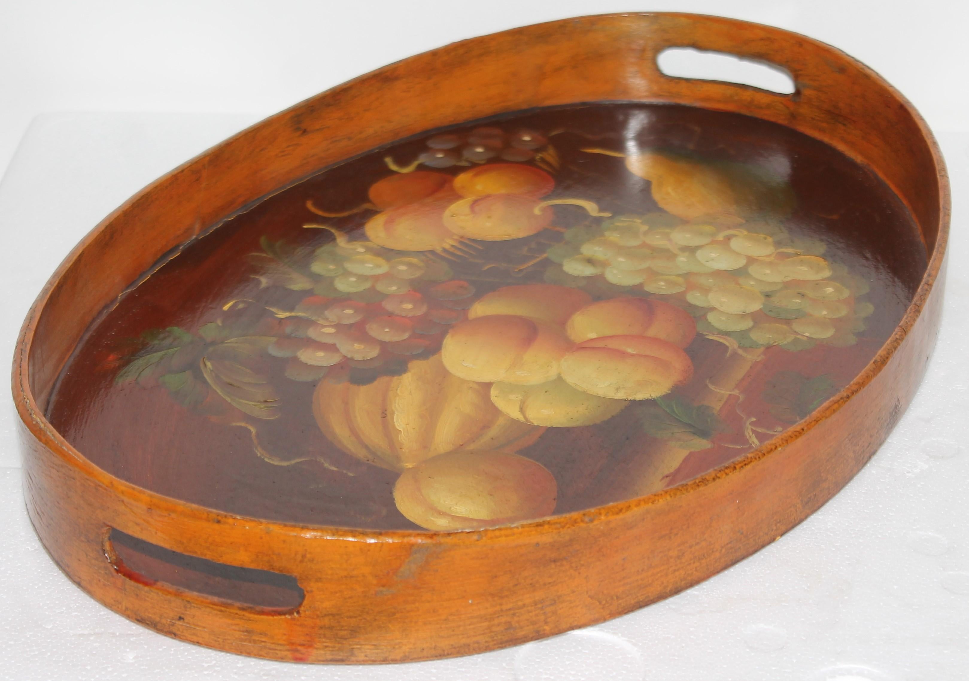 Folk Art Hand Painted Fruit on Wood Serving Tray For Sale