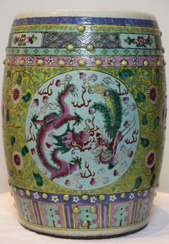 Hand-Painted Garden Seat with Floral Design and Dragon Imagery