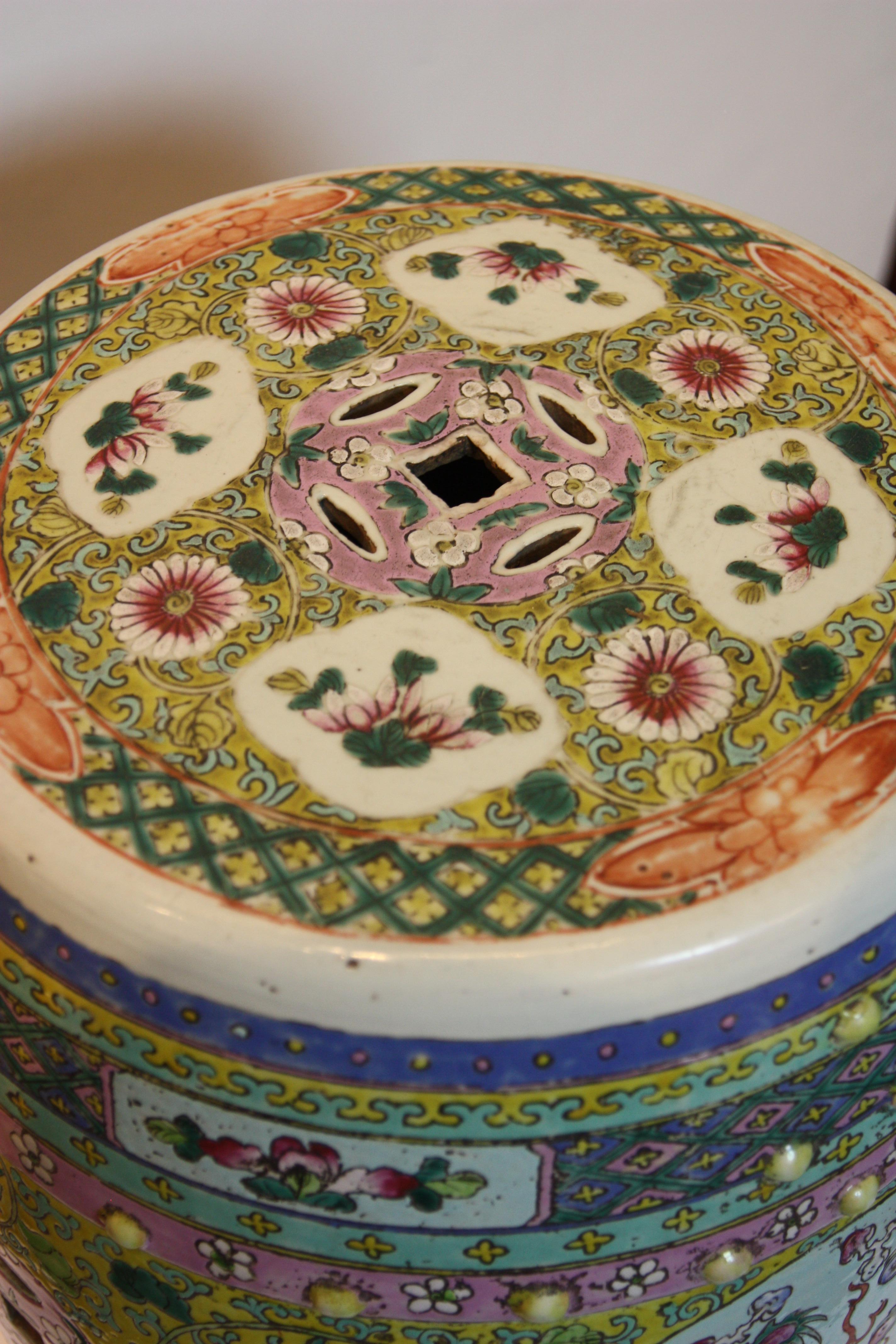 Chinese Export Hand-Painted Garden Seat with Floral Design and Dragon Imagery For Sale
