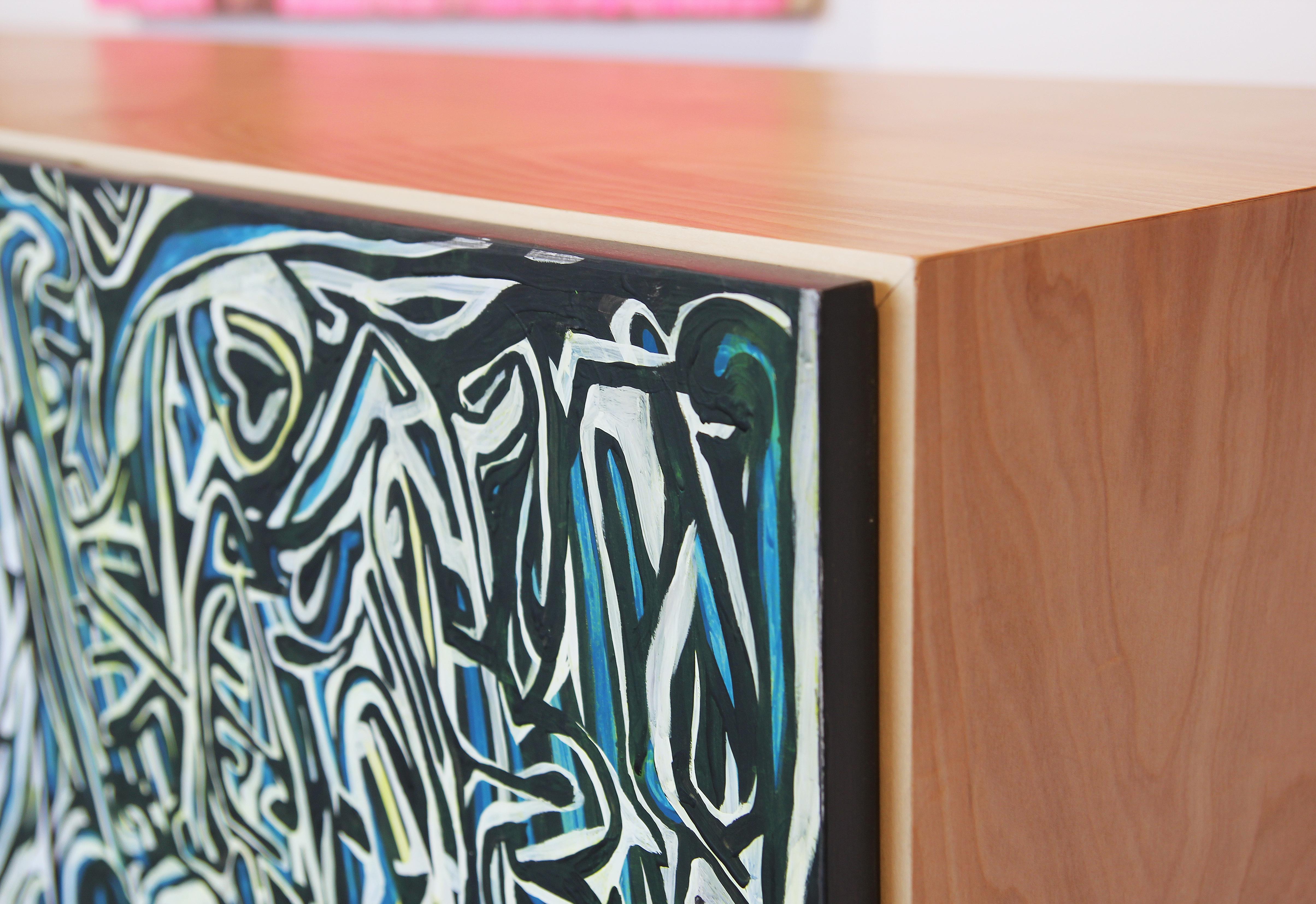 American Hand Painted Geometric Abstract Oak Sideboard by Michael Abramowitz