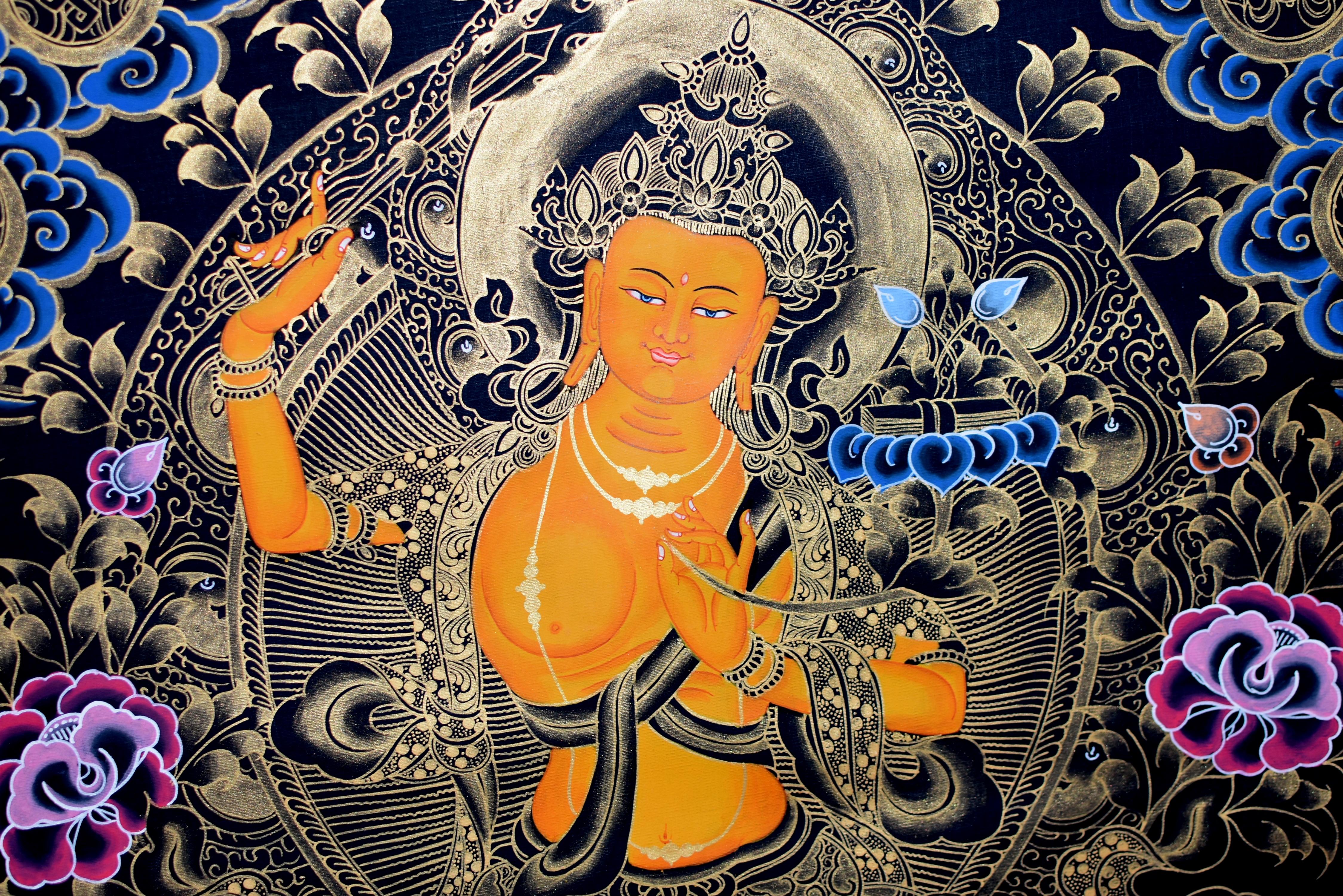 Hand Painted Gilded Tibetan Thangka of Manjushree 4