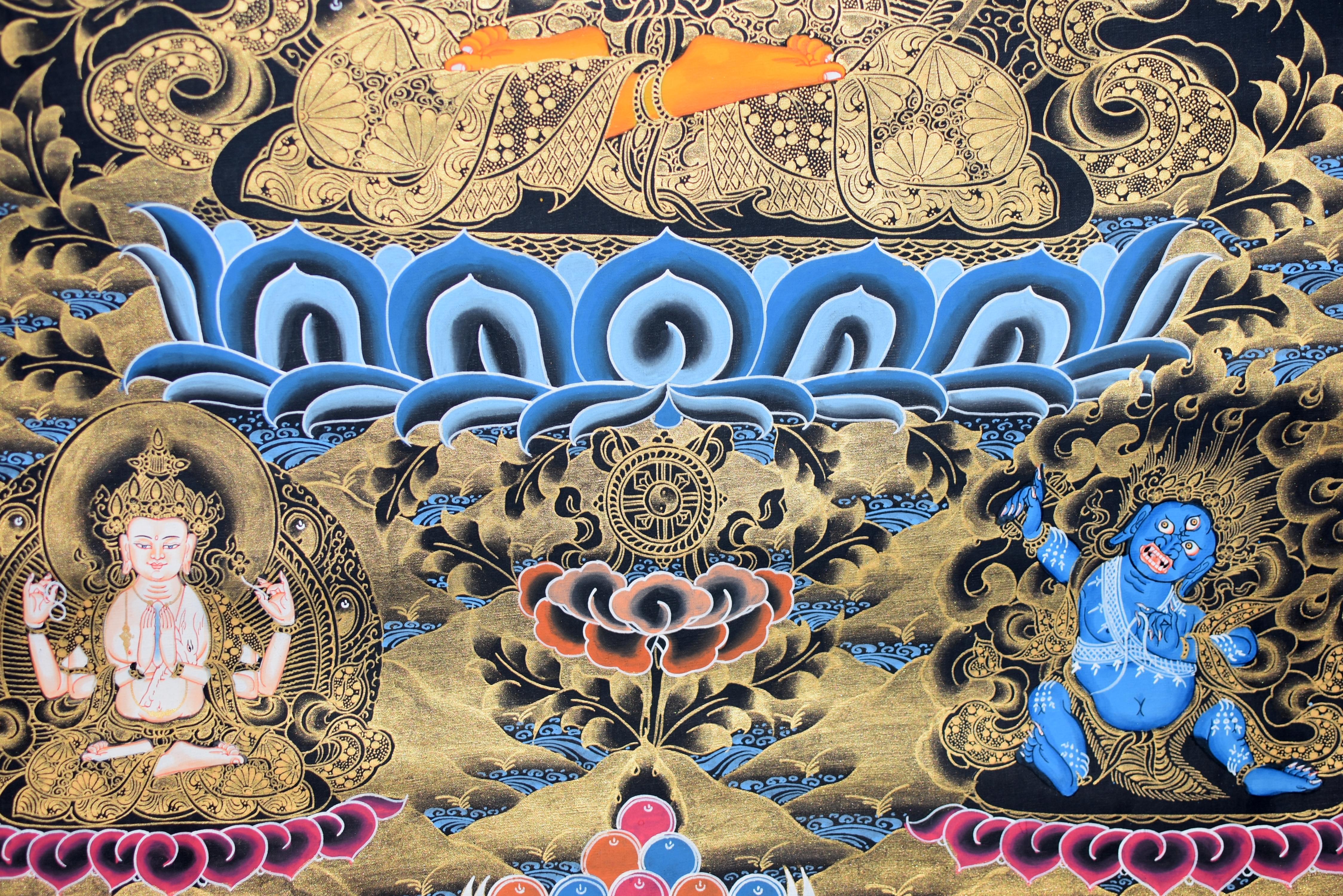 Nepalese Hand Painted Gilded Tibetan Thangka of Manjushree